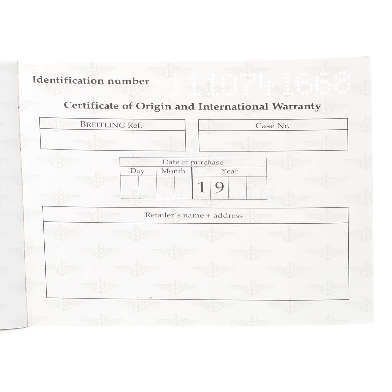 This image shows a blank "Certificate of Origin and International Warranty" for a Breitling Navitimer A13022 Men
s Stainless Steel Black Dial A13022 Men
s Stainless Steel Black Dial watch.
