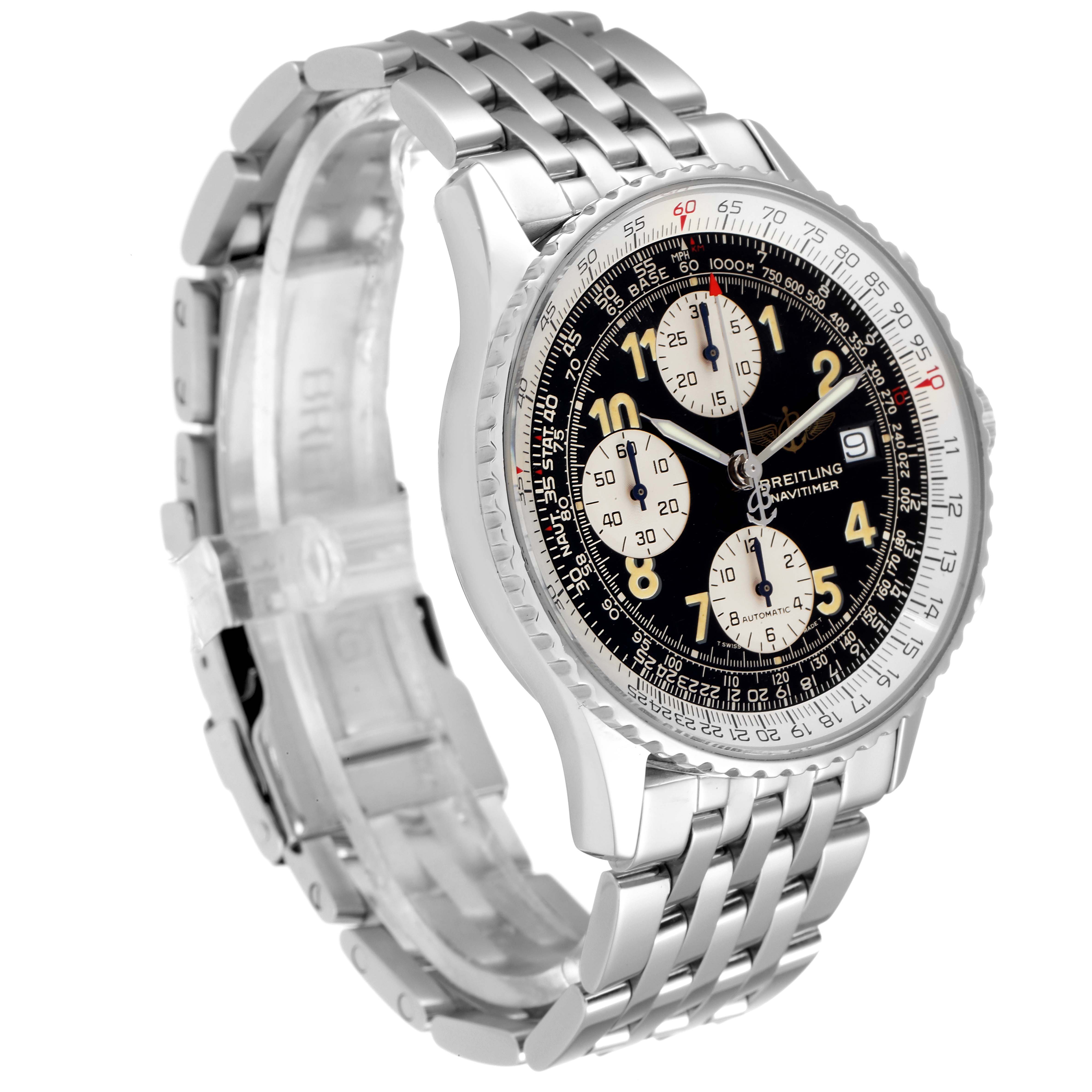 This Breitling Navitimer A13022 Men
s Stainless Steel Black Dial A13022 Men
s Stainless Steel Black Dial watch is shown from a front-left angle, highlighting its black dial, three subdials, and stainless steel bracelet.