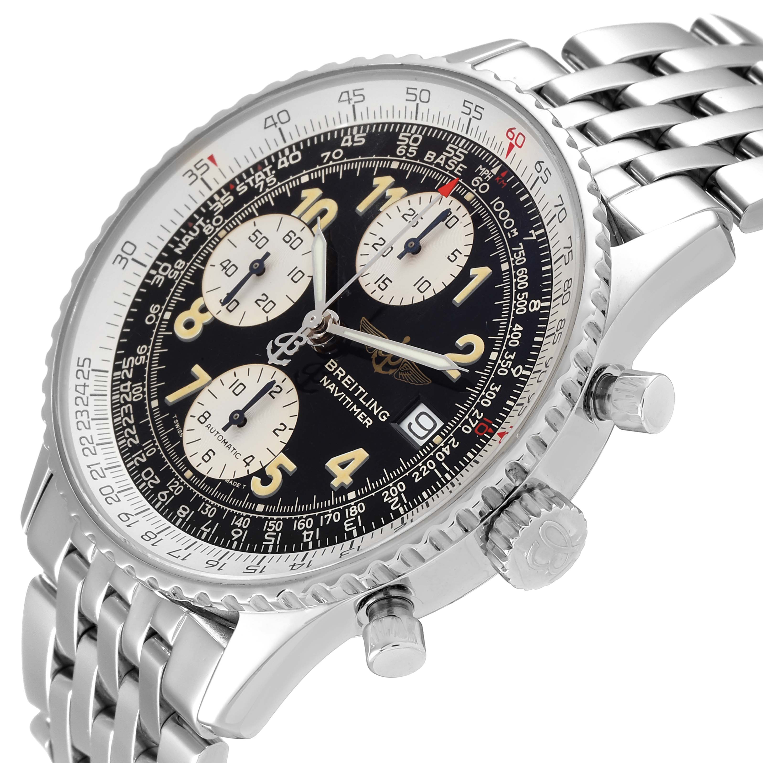 This Breitling Navitimer A13022 Men
s Stainless Steel Black Dial A13022 Men
s Stainless Steel Black Dial watch is viewed from an oblique angle, showcasing the dial, bezel, crown, chronograph pushers, and metal bracelet.