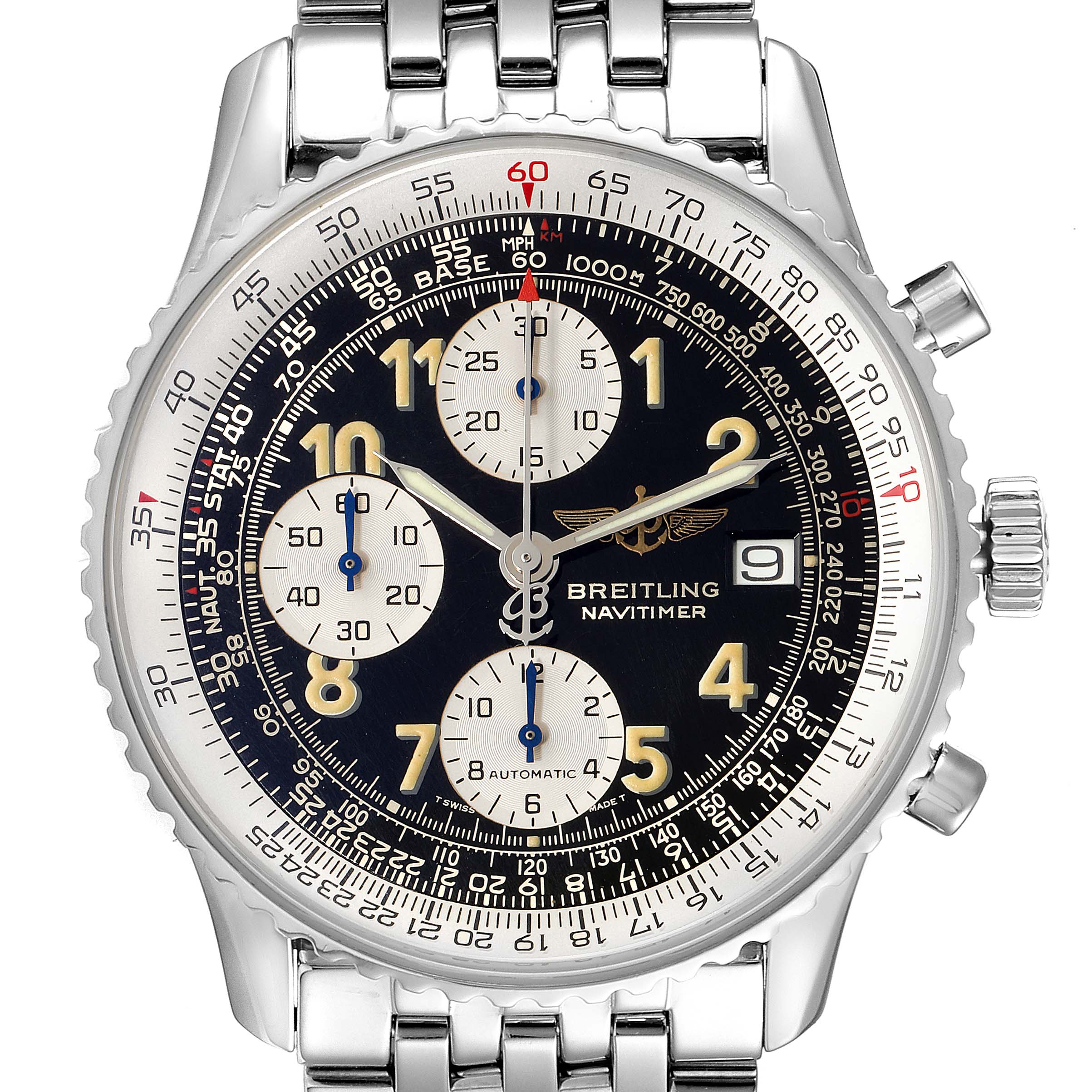 The image shows a front view of the Breitling Navitimer A13022 Men
s Stainless Steel Black Dial A13022 Men
s Stainless Steel Black Dial watch displaying its dial, chronograph subdials, and stainless steel strap.