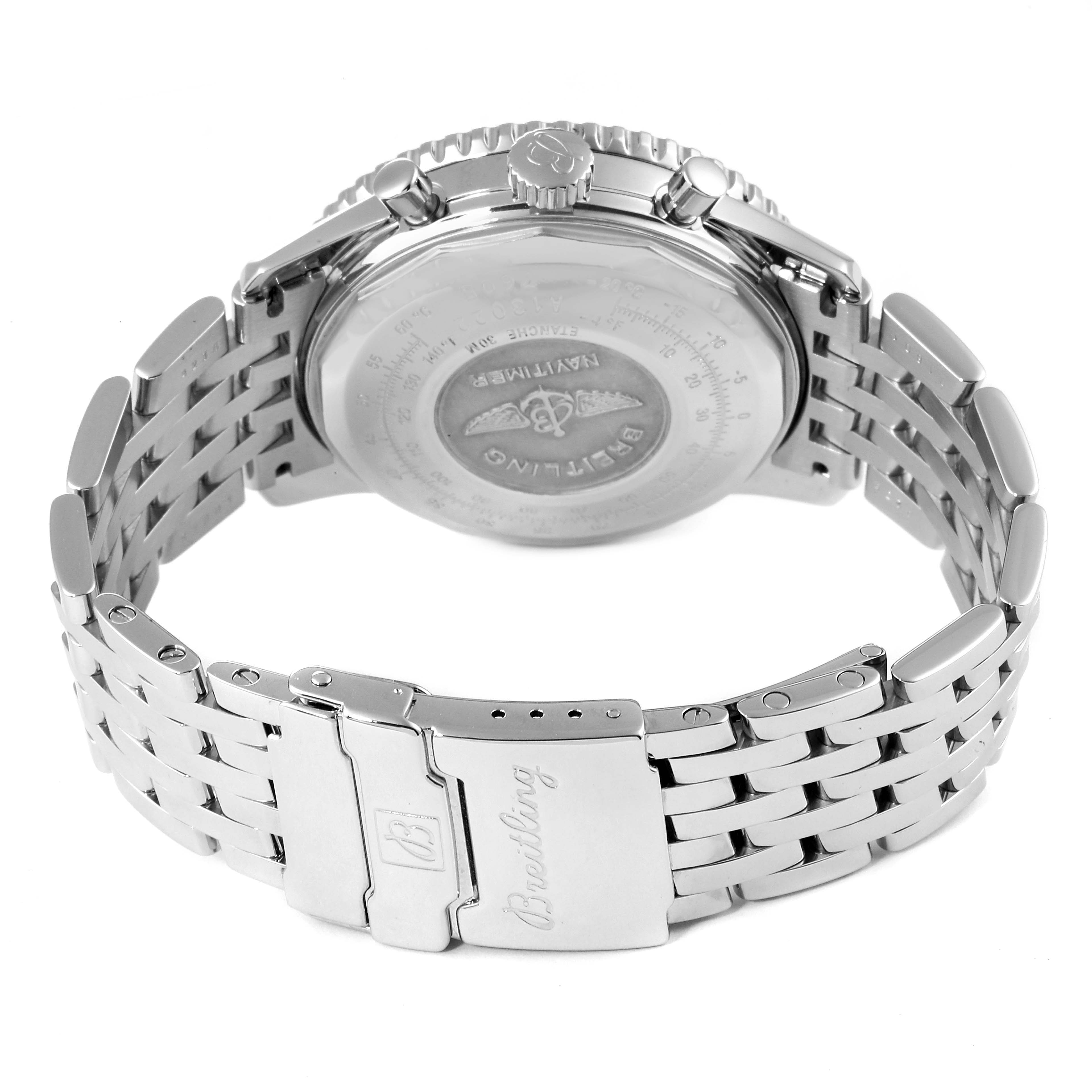 The image shows the backside of a Breitling Navitimer A13022 Men
s Stainless Steel Black Dial A13022 Men
s Stainless Steel Black Dial watch, highlighting the bracelet, clasp, crown, and pushers.