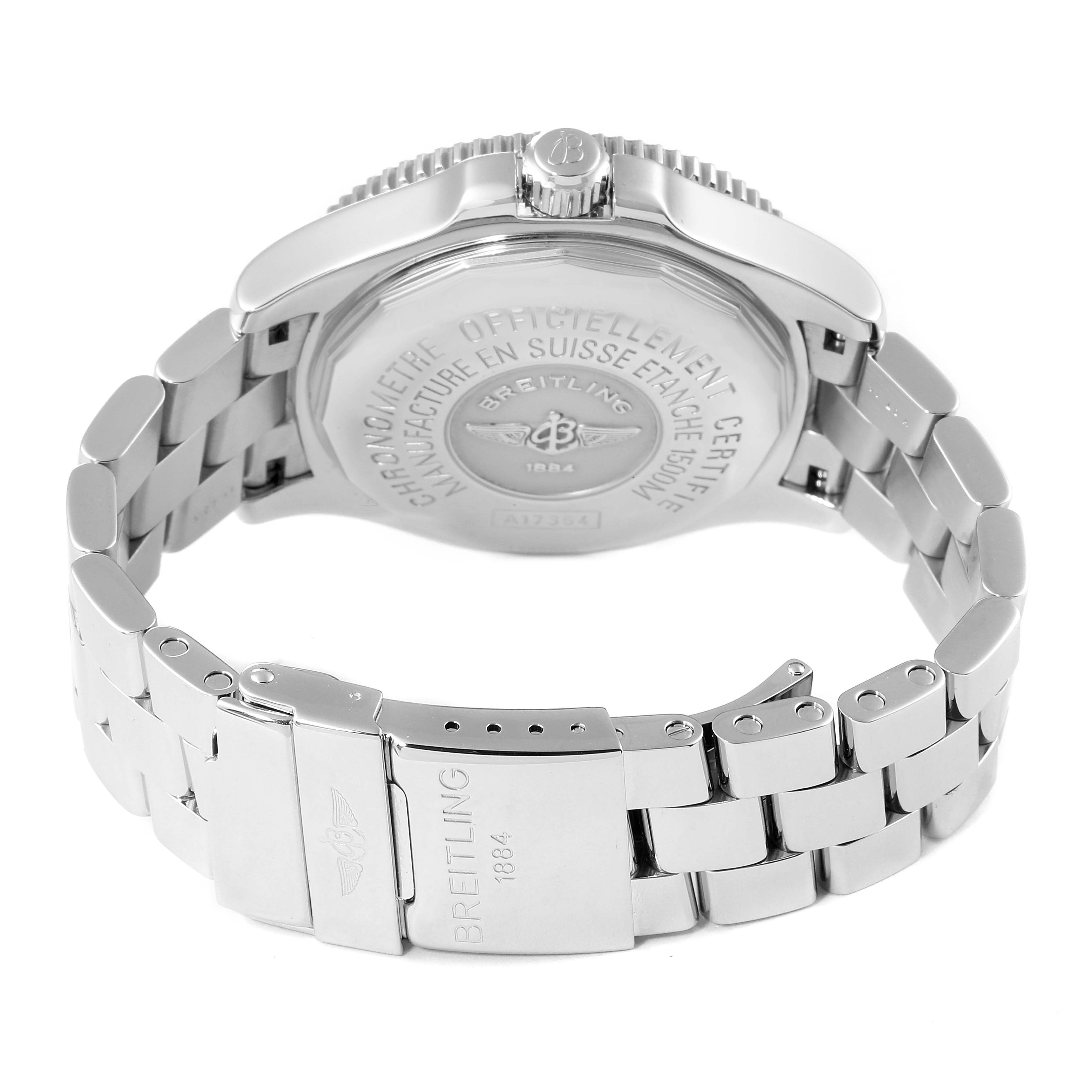 The image shows the back and clasp of a Breitling Superocean A17364 Men
s Stainless Steel Black Dial A17364 Men
s Stainless Steel Black Dial watch, highlighting its stainless steel bracelet and engraved case back.