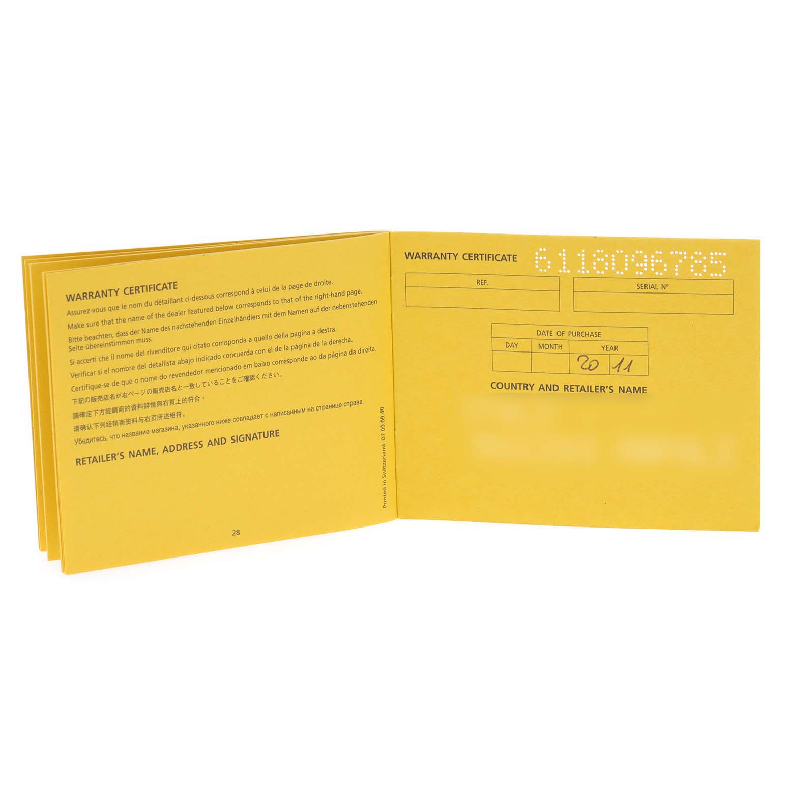 The image shows an open yellow warranty certificate booklet for the Breitling Superocean A17364 Men
s Stainless Steel Black Dial A17364 Men
s Stainless Steel Black Dial watch.