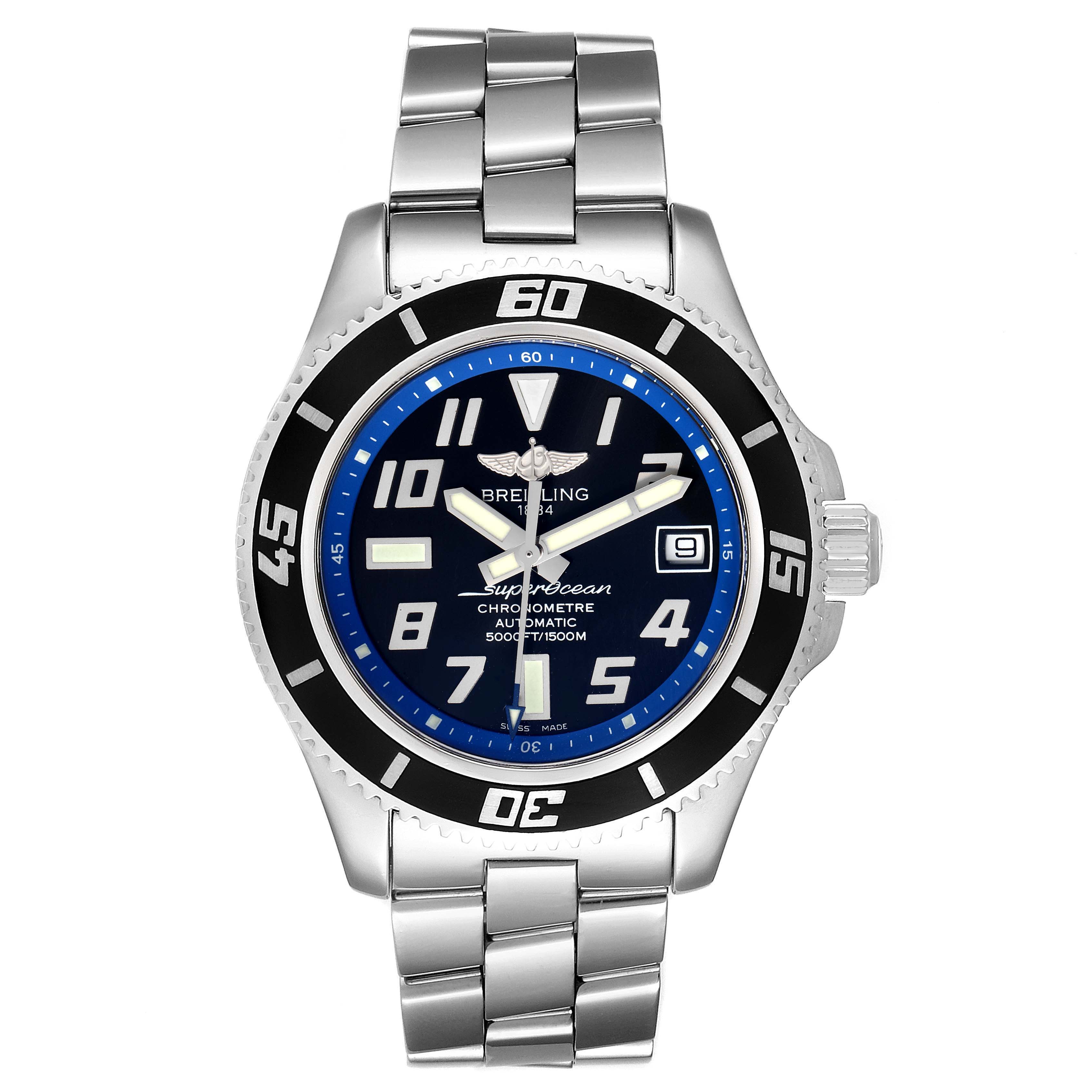 This image shows a front view of a Breitling Superocean A17364 Men
s Stainless Steel Black Dial A17364 Men
s Stainless Steel Black Dial watch with a blue dial and a date display.