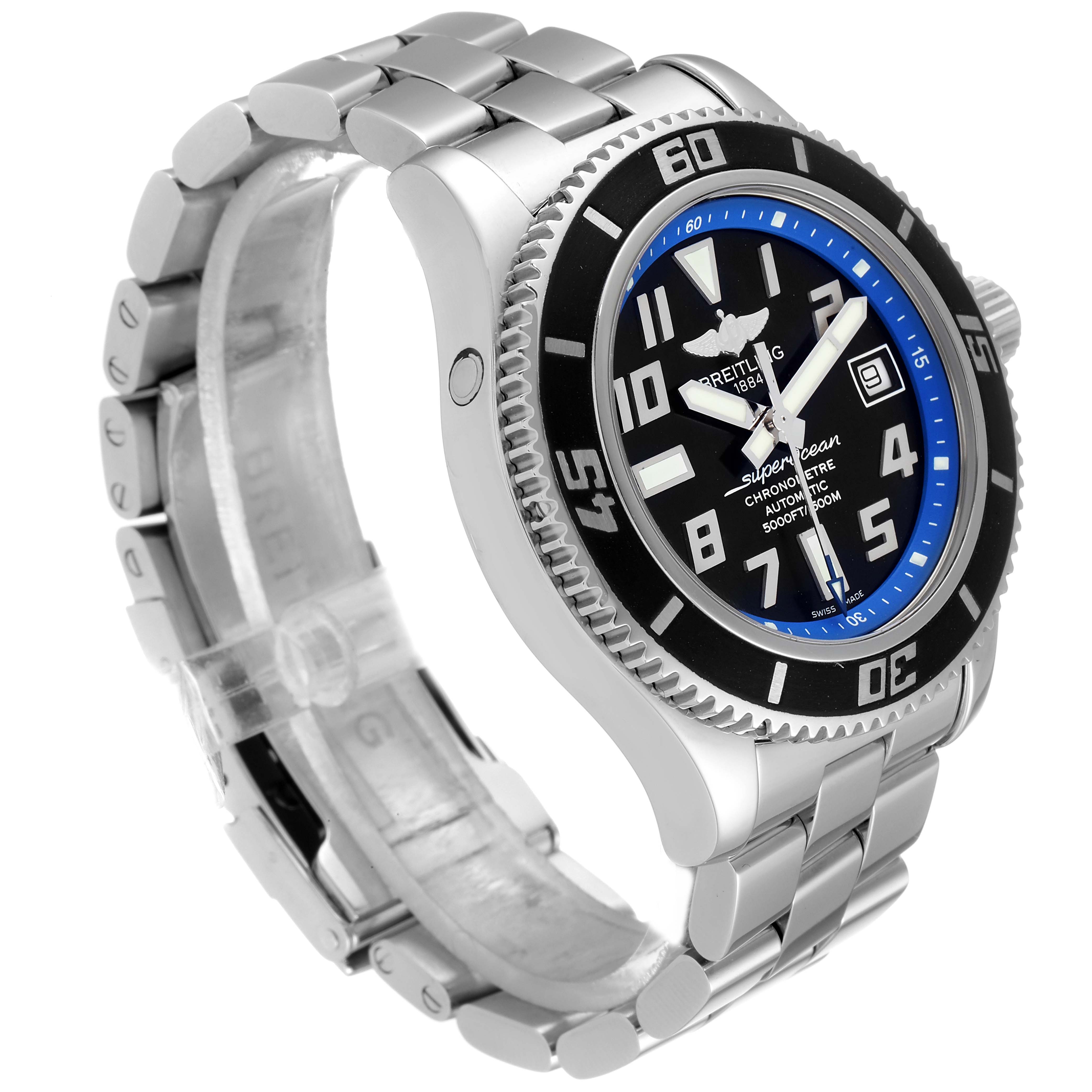 The image shows a Breitling Superocean A17364 Men
s Stainless Steel Black Dial A17364 Men
s Stainless Steel Black Dial watch from a three-quarter angle, highlighting the bezel, dial, crown, and metallic bracelet.