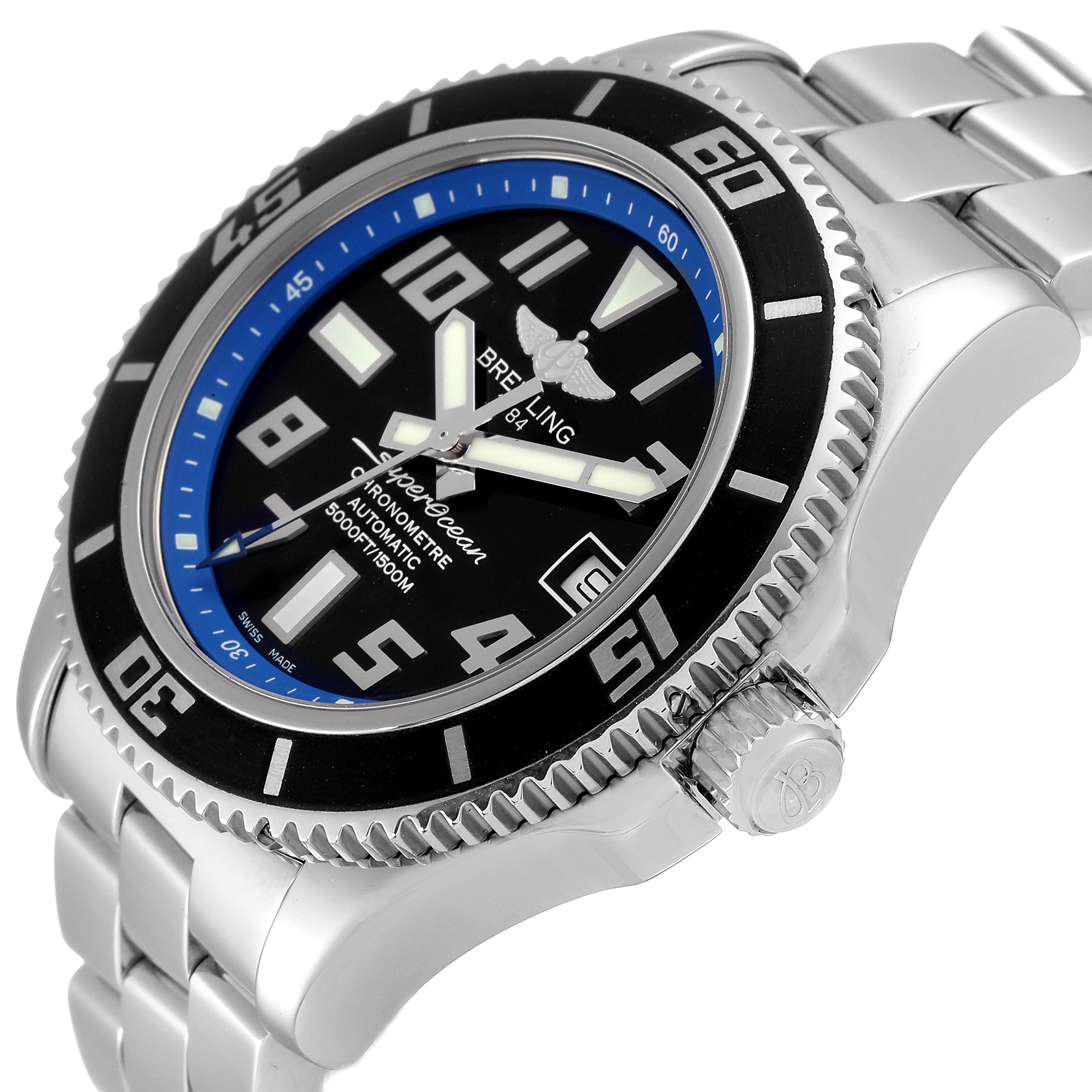 The image shows a side angle of the Breitling Superocean A17364 Men
s Stainless Steel Black Dial A17364 Men
s Stainless Steel Black Dial watch, highlighting the bezel, face, crown, and metal bracelet.