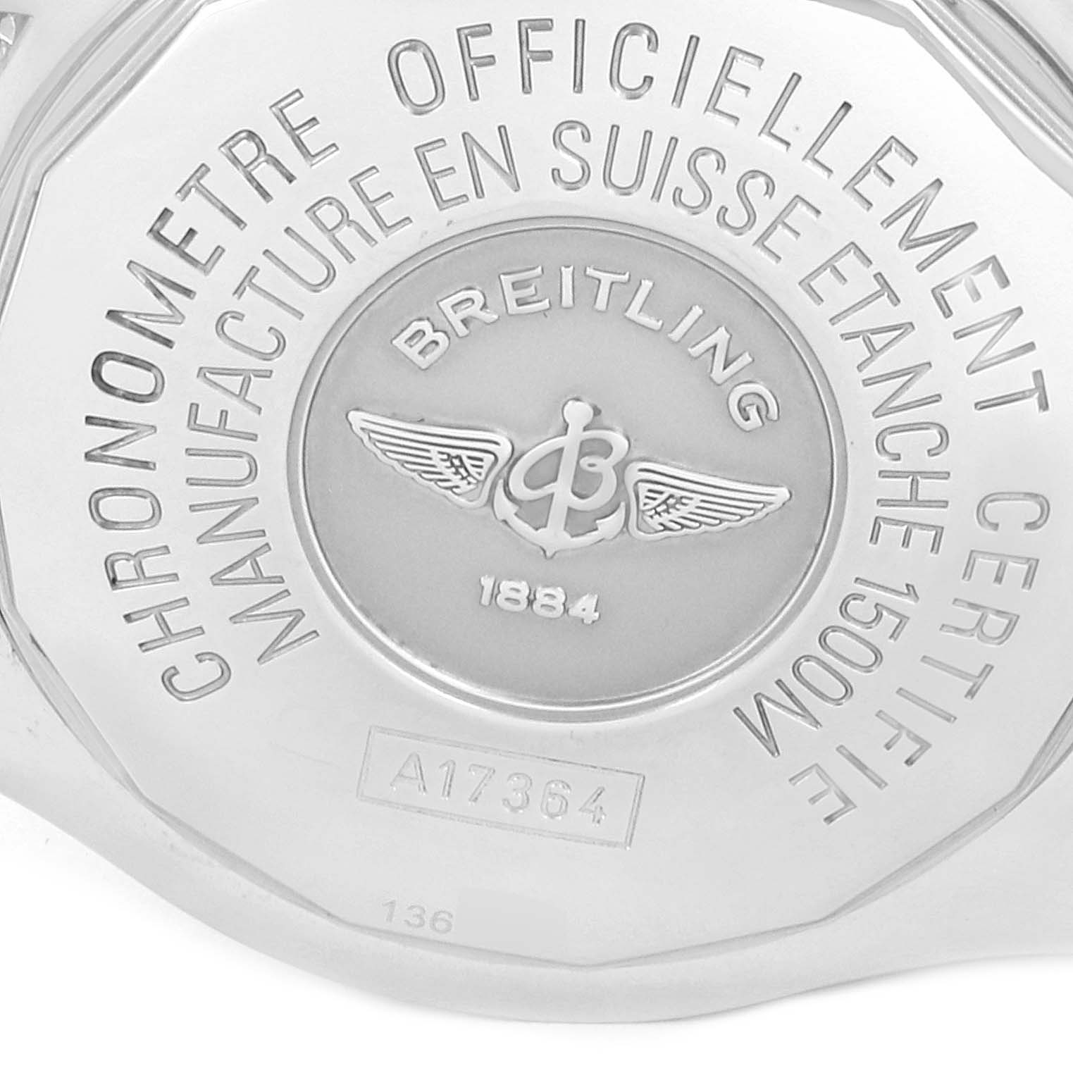 The image shows the back casing of a Breitling Superocean A17364 Men
s Stainless Steel Black Dial A17364 Men
s Stainless Steel Black Dial watch, highlighting the engraved text and branding.