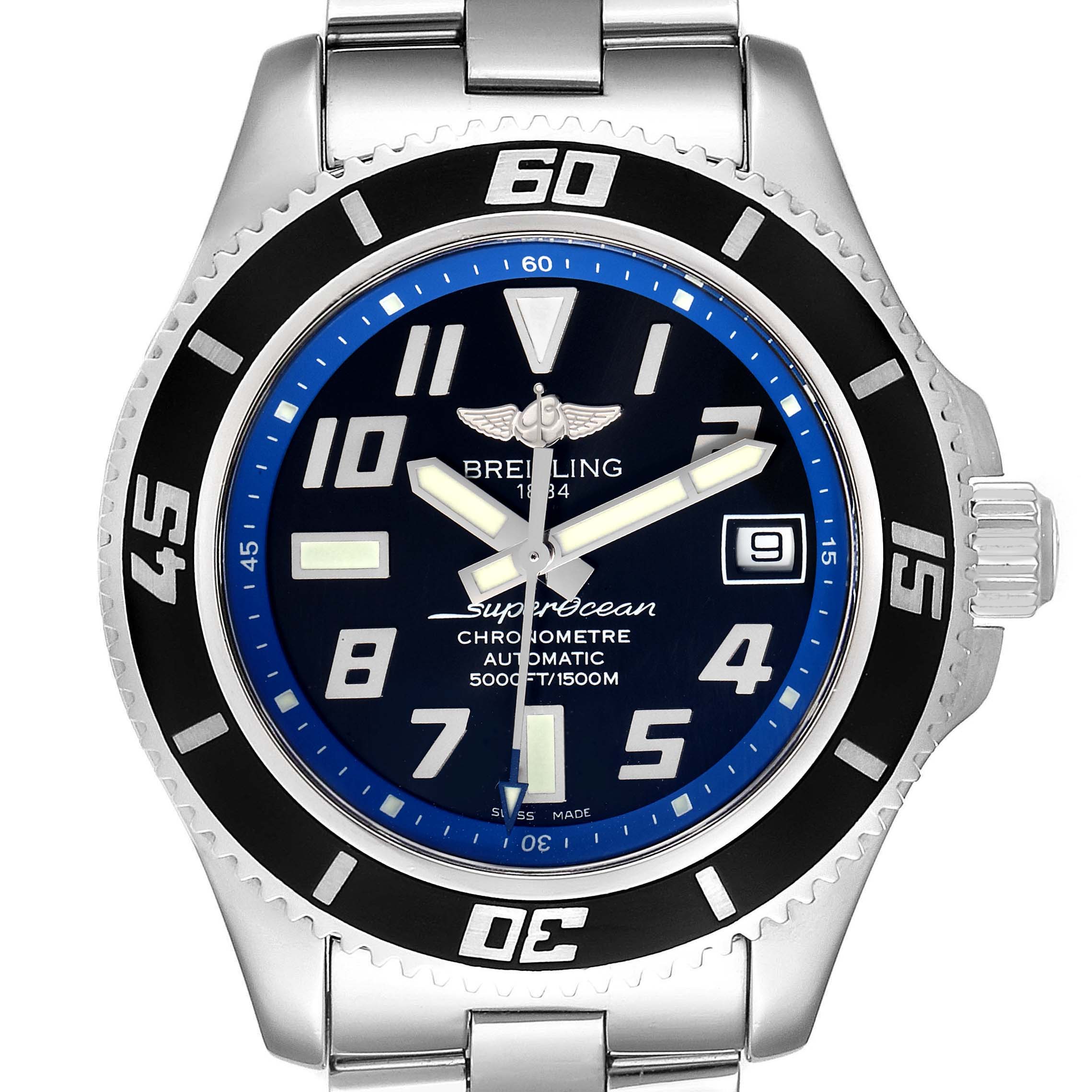 This image shows a front view of the Breitling Superocean A17364 Men
s Stainless Steel Black Dial A17364 Men
s Stainless Steel Black Dial watch, highlighting the dial, bezel, and part of the bracelet.