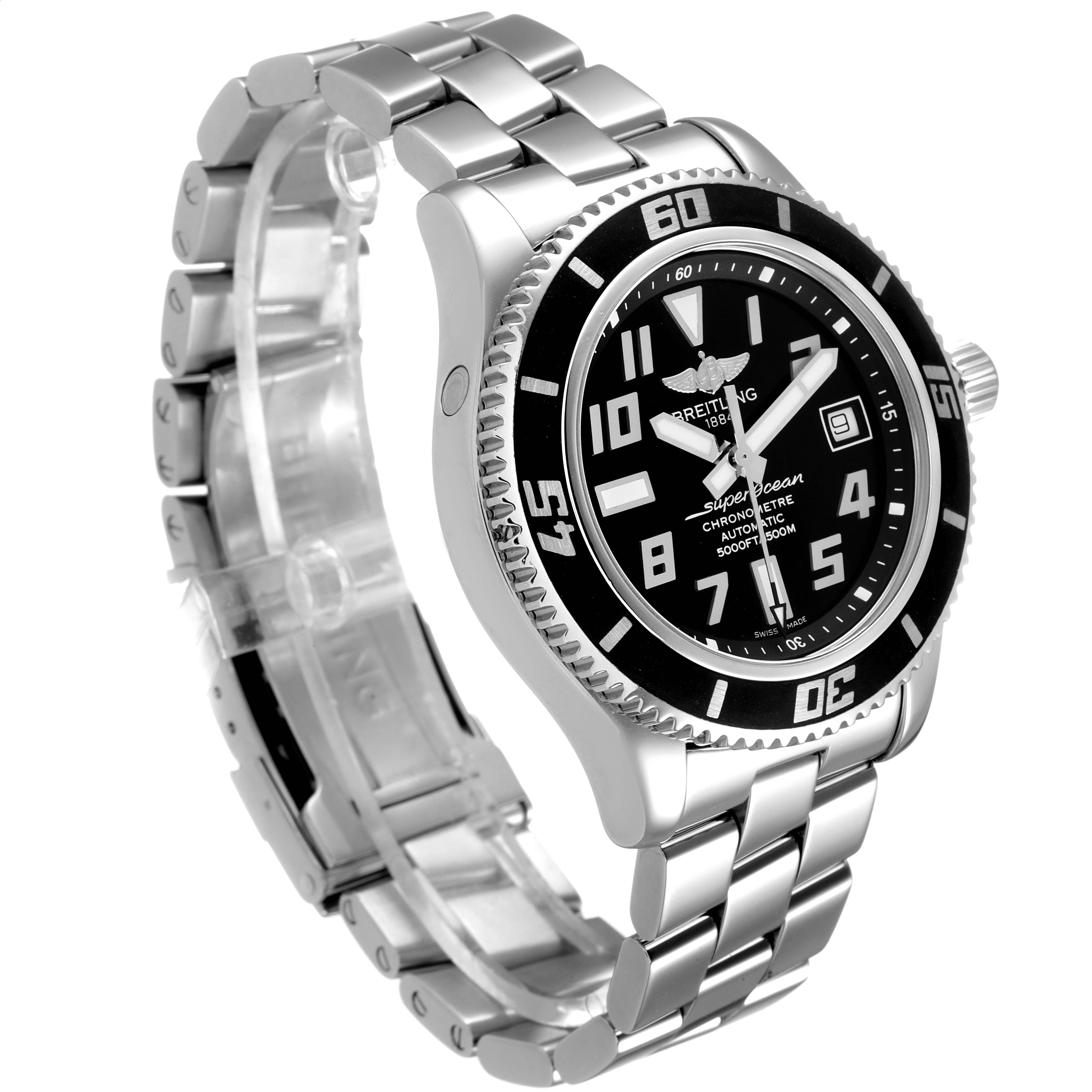 The Superocean watch by Breitling is shown at a three-quarter angle, displaying the face, bezel, crown, and stainless steel bracelet.