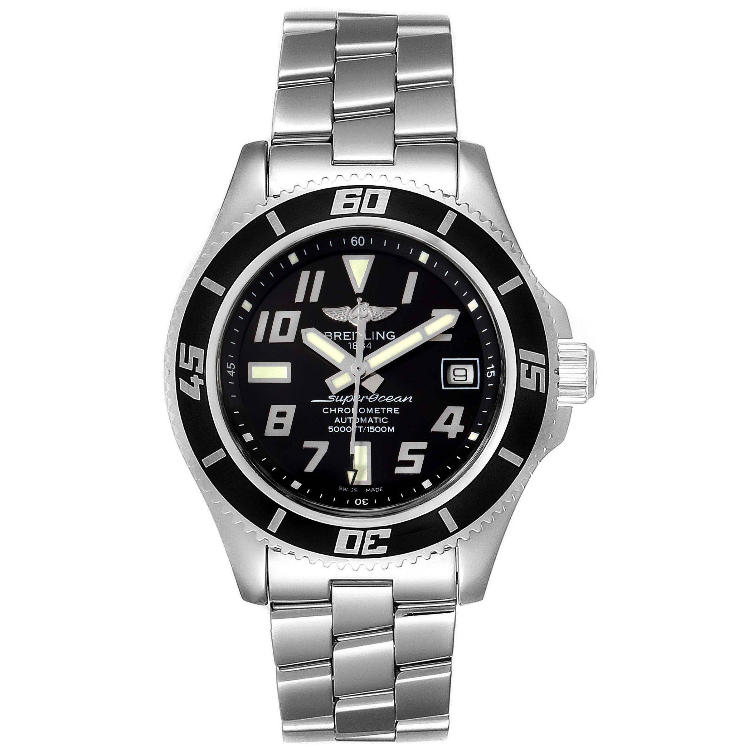 The Breitling Superocean A17364 Men
s Stainless Steel Black Dial A17364 Men
s Stainless Steel Black Dial watch is shown from the front, displaying its dial, bezel, and metal bracelet.