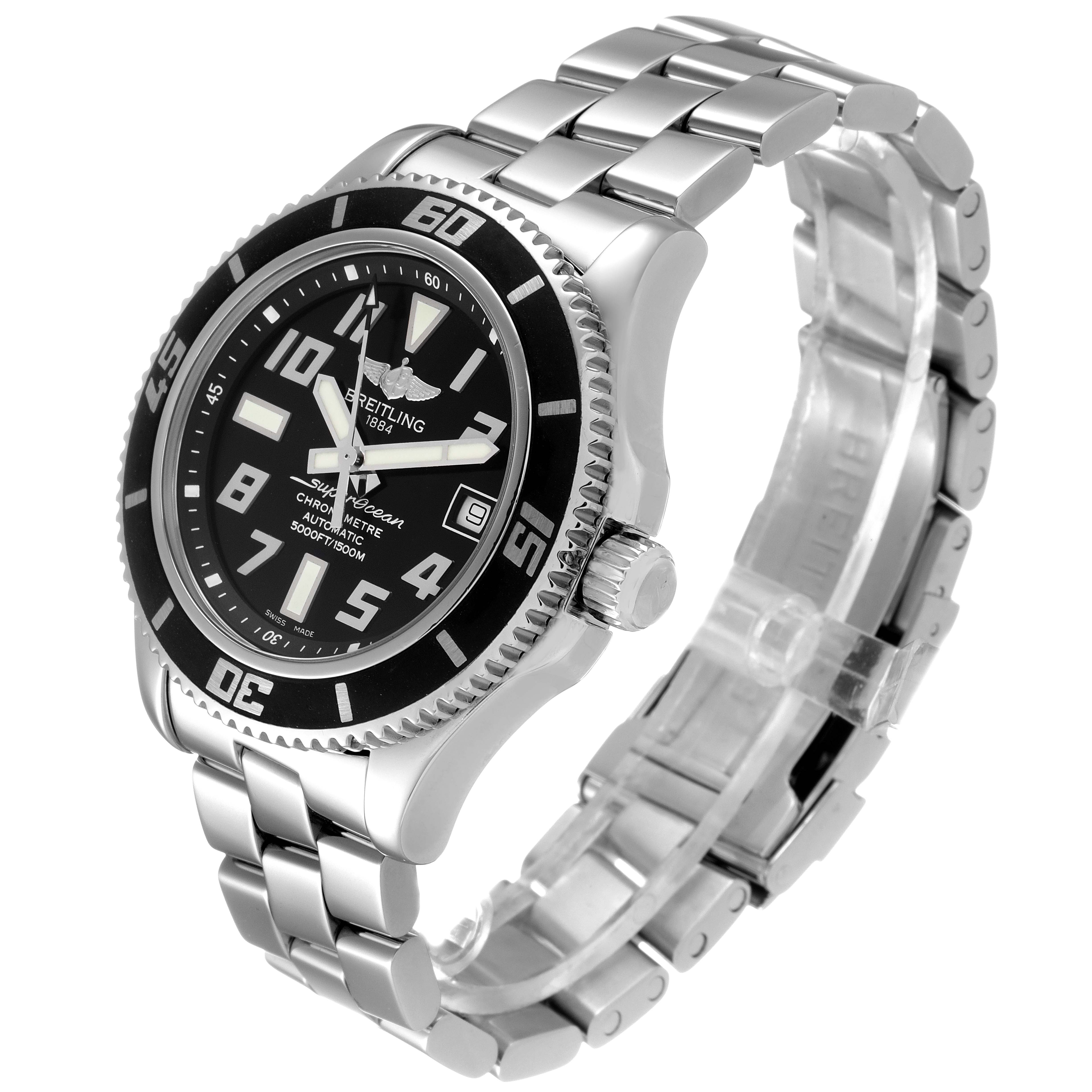 This image shows the Breitling Superocean A17364 Men
s Stainless Steel Black Dial A17364 Men
s Stainless Steel Black Dial watch at a three-quarter angle, highlighting its face, bezel, crown, and bracelet.