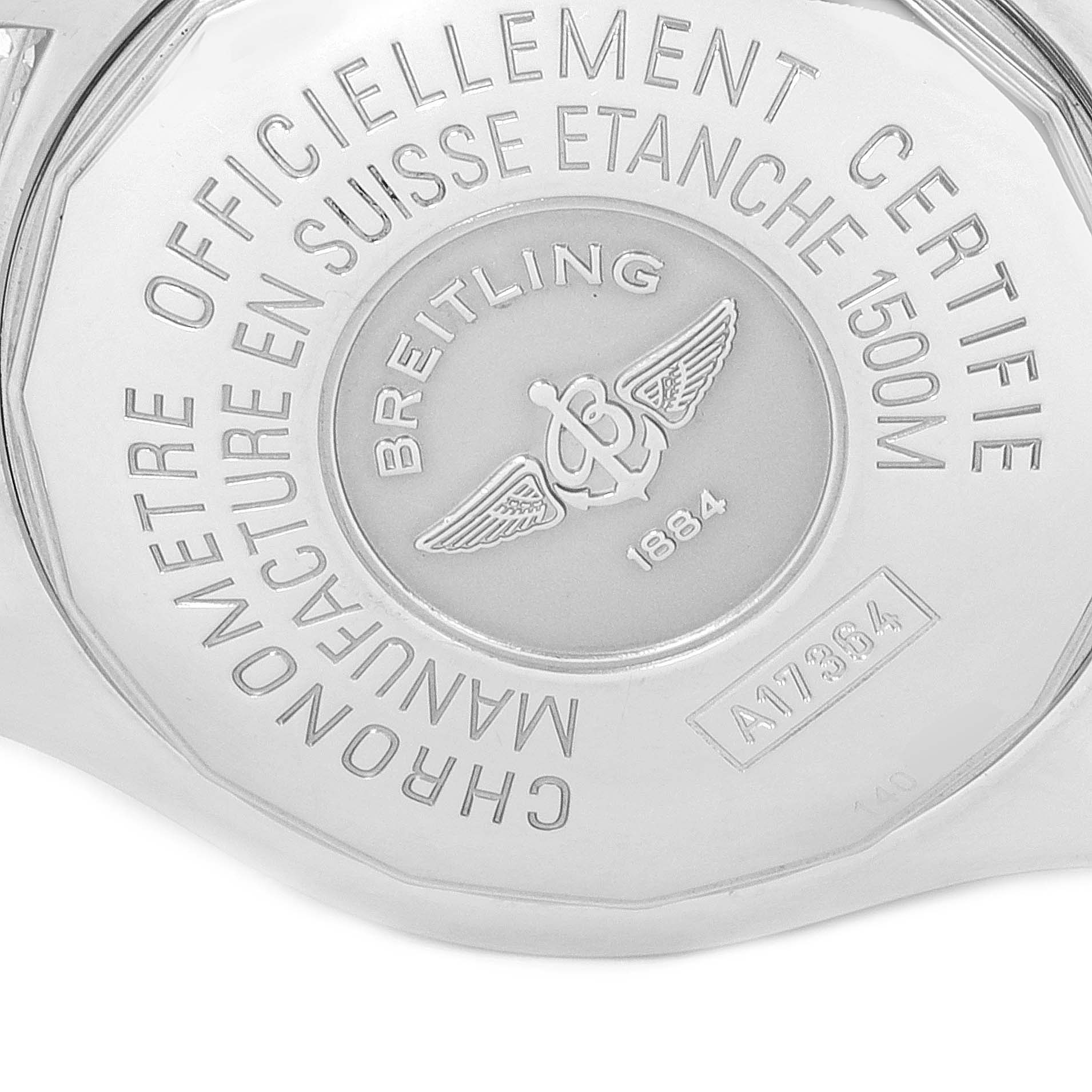 This image shows the case back of a Breitling Superocean A17364 Men
s Stainless Steel Black Dial A17364 Men
s Stainless Steel Black Dial watch, highlighting its engravings and branding.