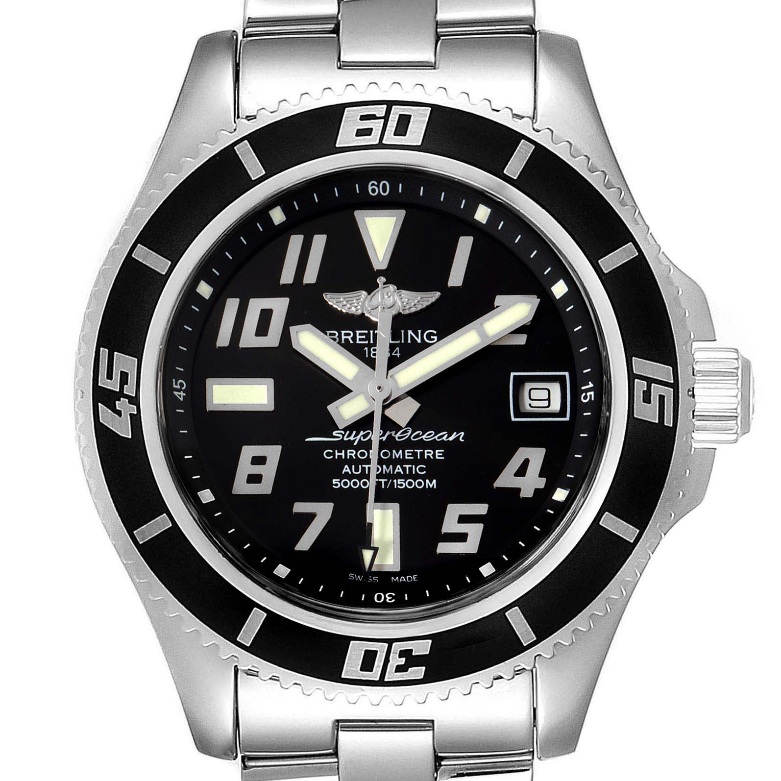 The image shows a front angle of a Breitling Superocean A17364 Men
s Stainless Steel Black Dial A17364 Men
s Stainless Steel Black Dial watch, displaying the face, bezel, and part of the stainless steel bracelet.