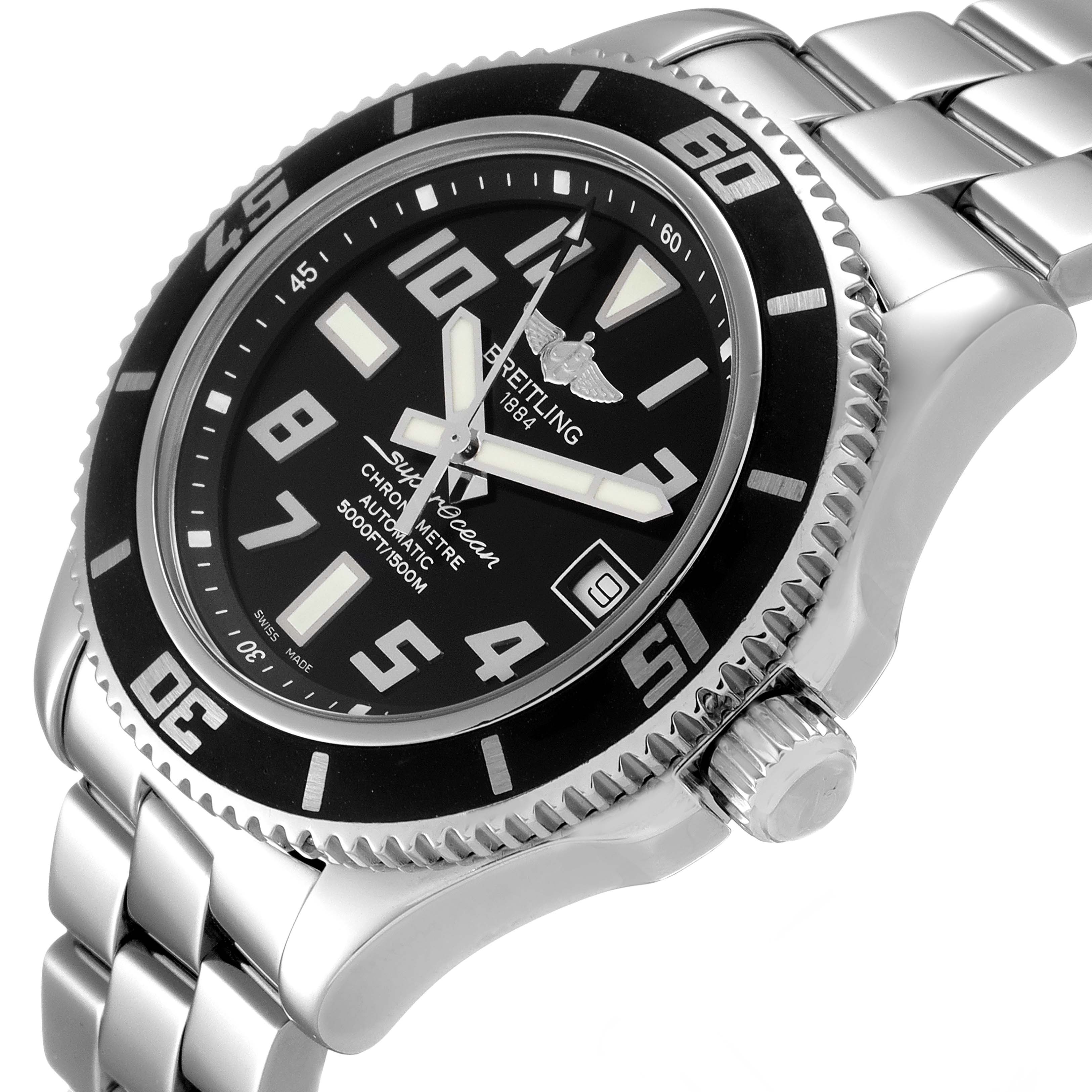 The image shows a Breitling Superocean A17364 Men
s Stainless Steel Black Dial A17364 Men
s Stainless Steel Black Dial watch at a slight diagonal angle, highlighting the face, bezel, and band.