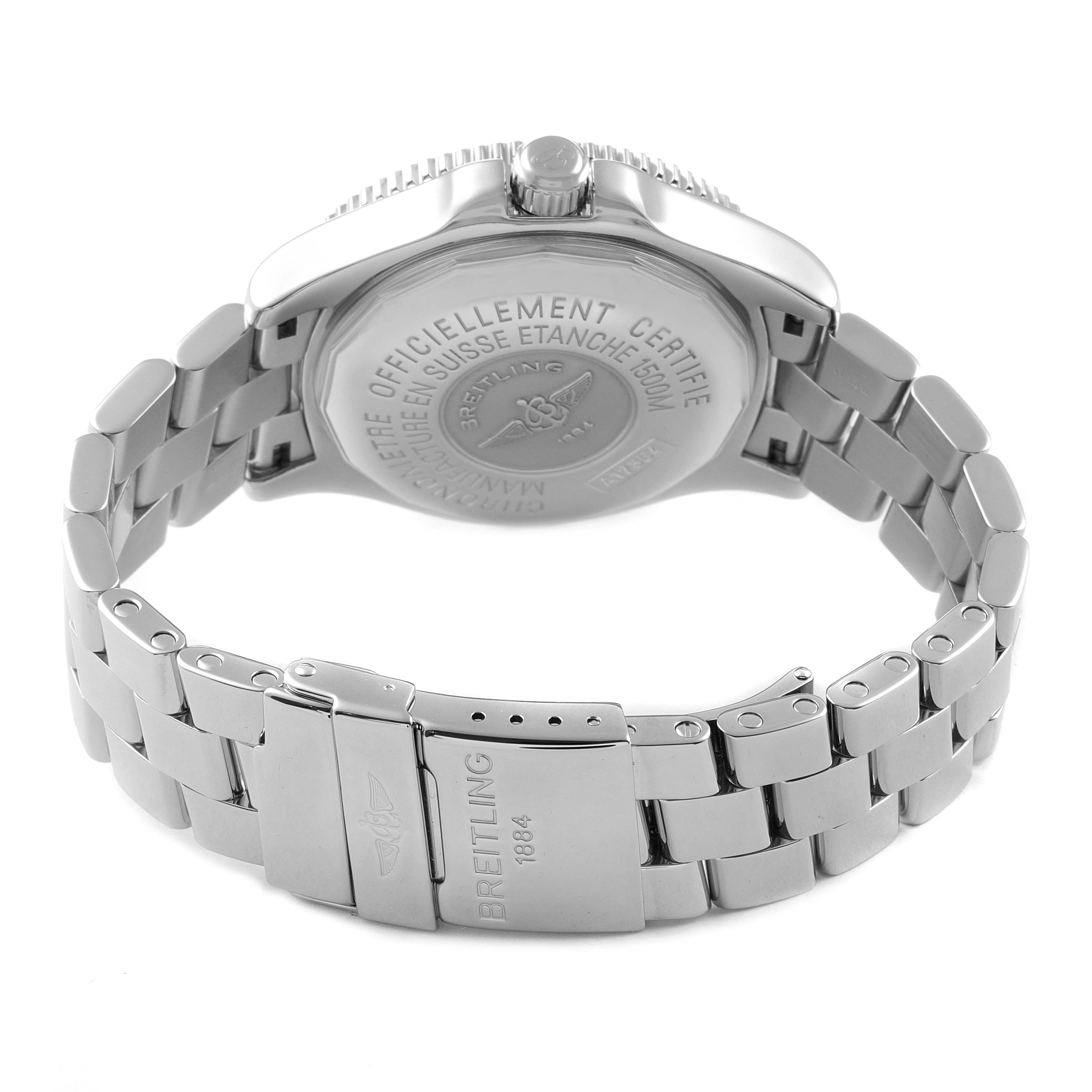 The image shows the back and clasp of a Breitling Superocean A17364 Men
s Stainless Steel Black Dial A17364 Men
s Stainless Steel Black Dial watch, with a focus on the stainless steel bracelet.