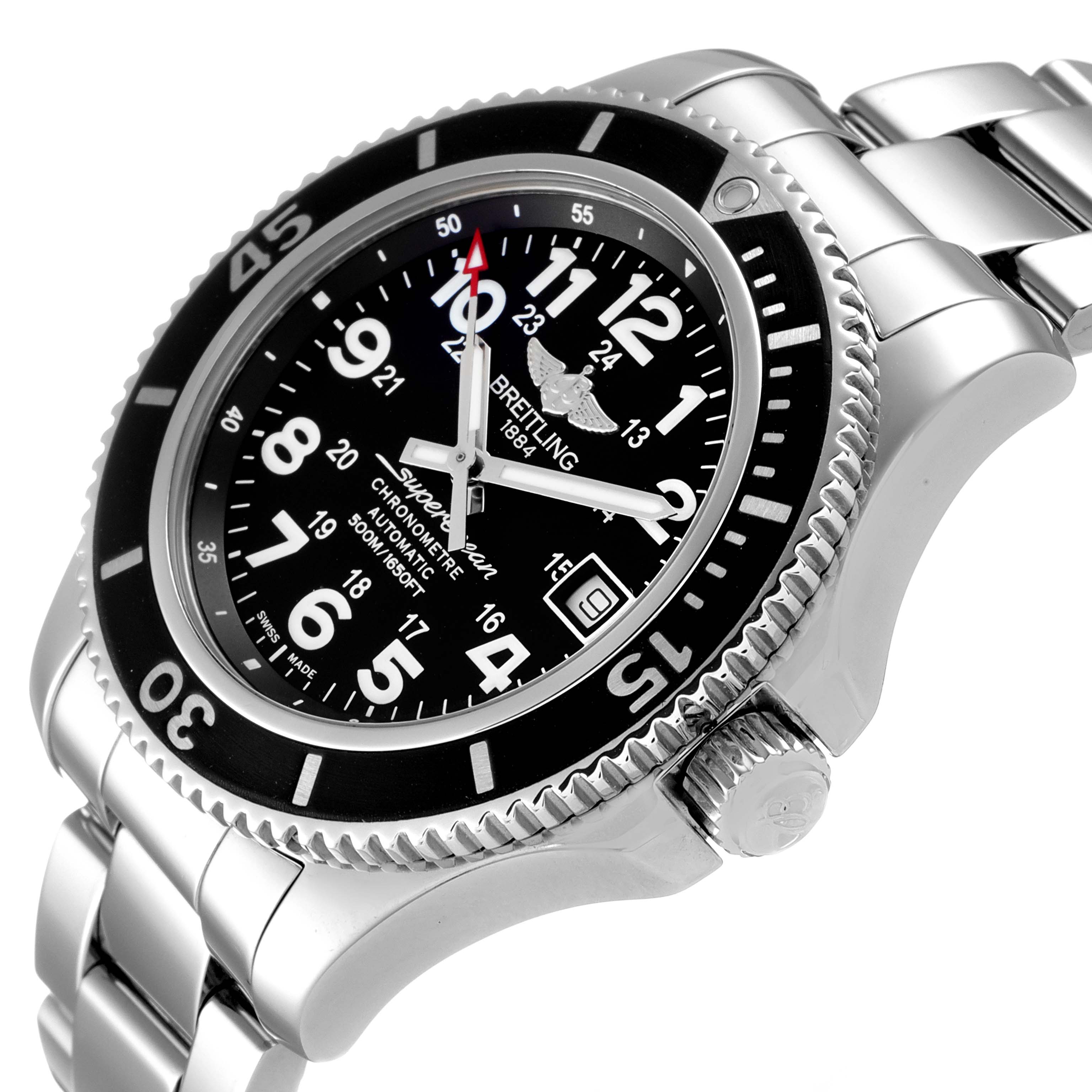 The Breitling Superocean A17365 Men
s Stainless Steel Black Dial A17365 Men
s Stainless Steel Black Dial watch is shown at an angle highlighting its face, bezel, crown, and metal bracelet.