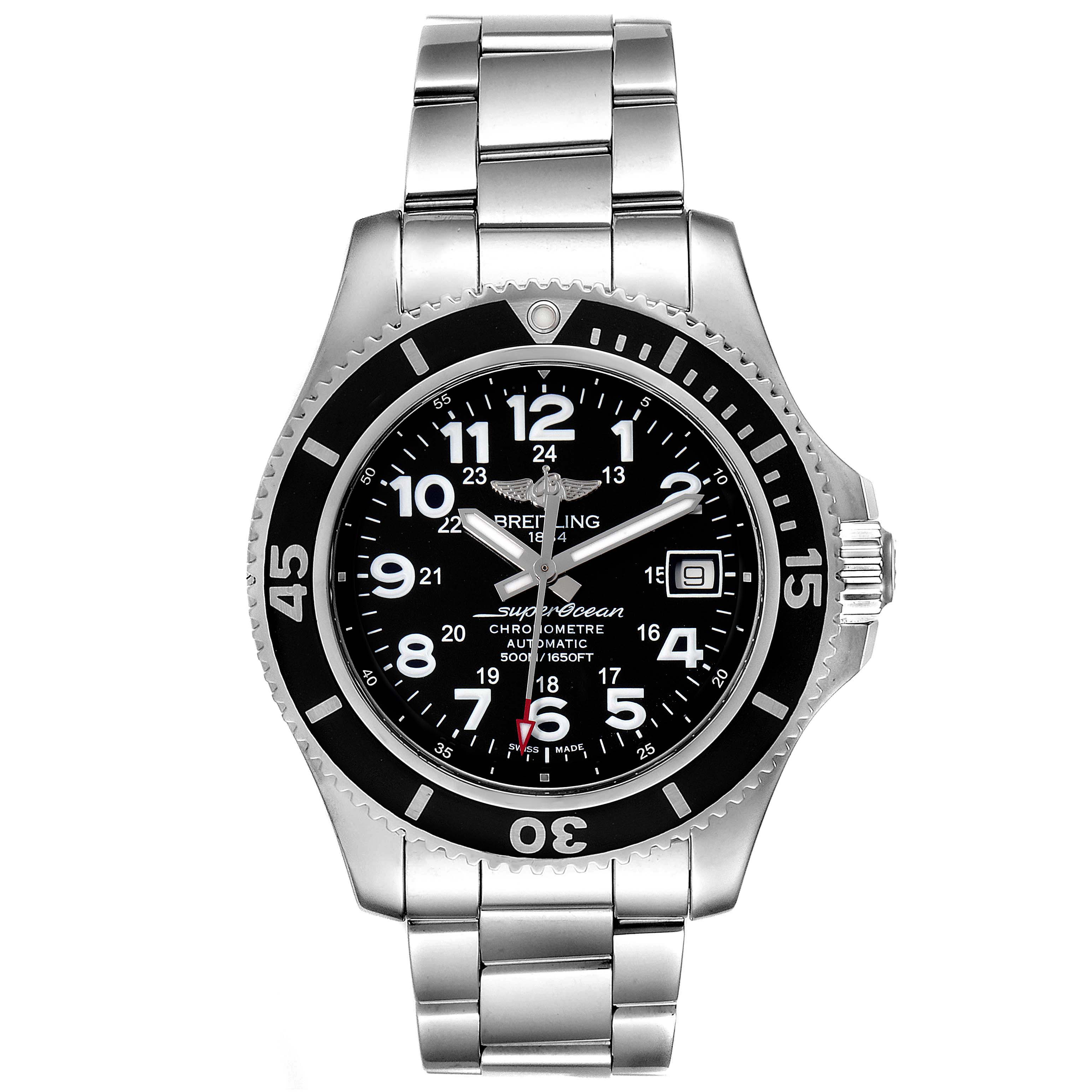 The Superocean model by Breitling is shown from a front angle, displaying the dial, bezel, and stainless steel bracelet.