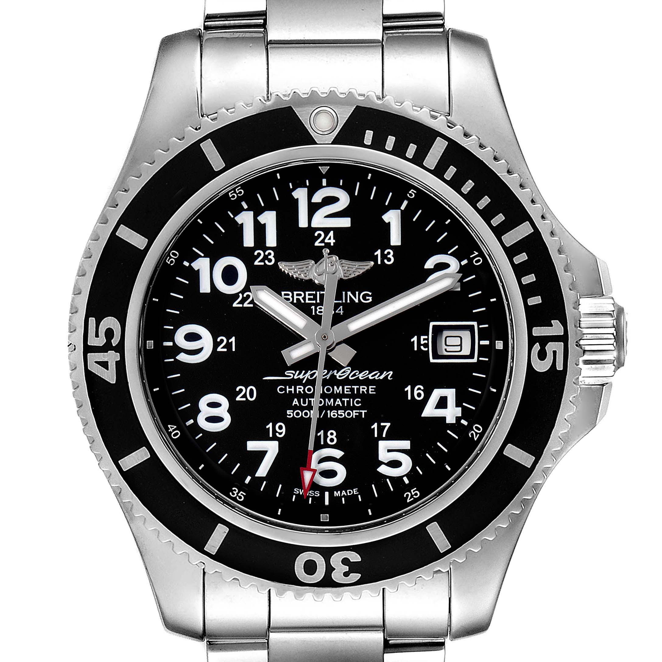 The image shows a front view of the Breitling Superocean A17365 Men
s Stainless Steel Black Dial A17365 Men
s Stainless Steel Black Dial watch, displaying the dial, bezel, crown, and part of the bracelet.