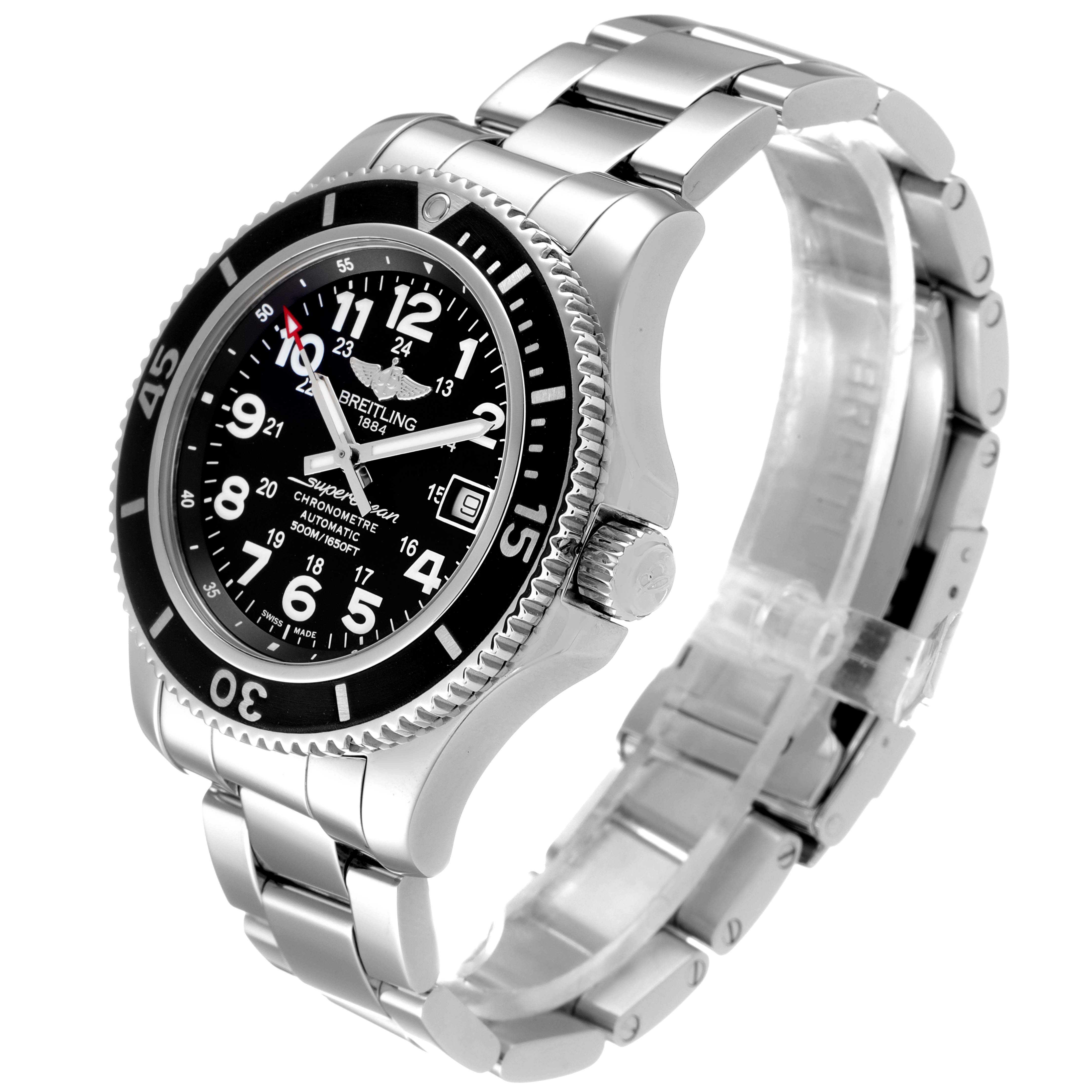 This image shows a Breitling Superocean A17365 Men
s Stainless Steel Black Dial A17365 Men
s Stainless Steel Black Dial watch at a three-quarter angle highlighting the face, bezel, crown, and metal bracelet.