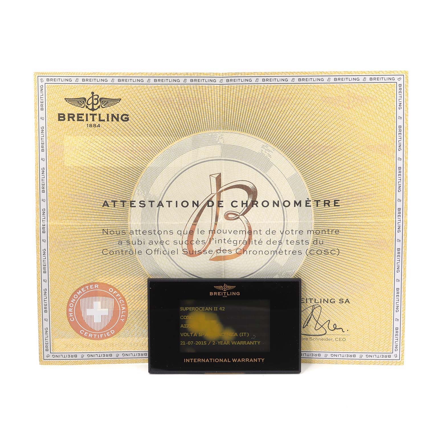 The image shows the warranty card and chronometer certificate for the Breitling Superocean A17365 Men
s Stainless Steel Black Dial A17365 Men
s Stainless Steel Black Dial watch model.