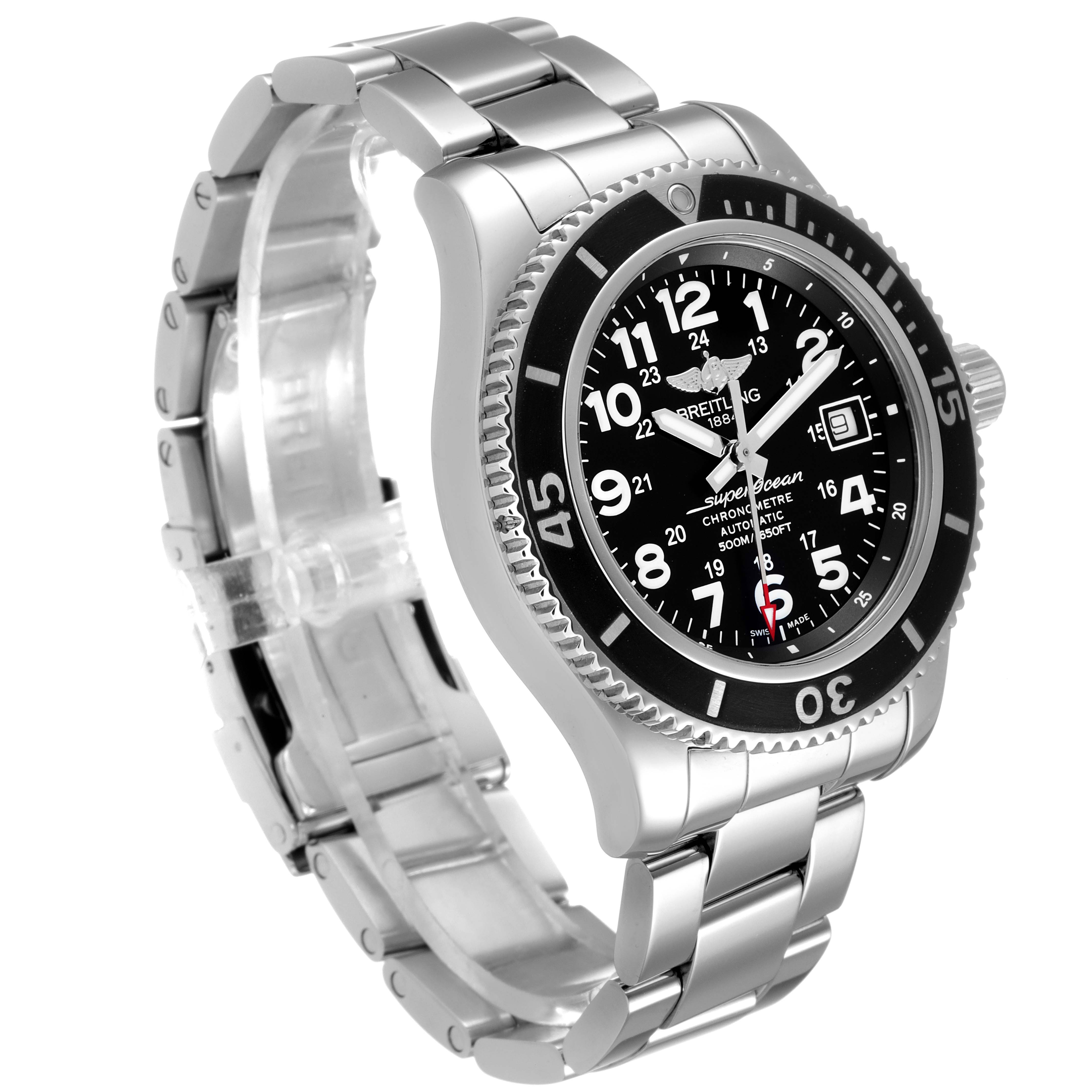 The Breitling Superocean A17365 Men
s Stainless Steel Black Dial A17365 Men
s Stainless Steel Black Dial watch is shown at an angle displaying its face, bezel, crown, and part of its metal bracelet.