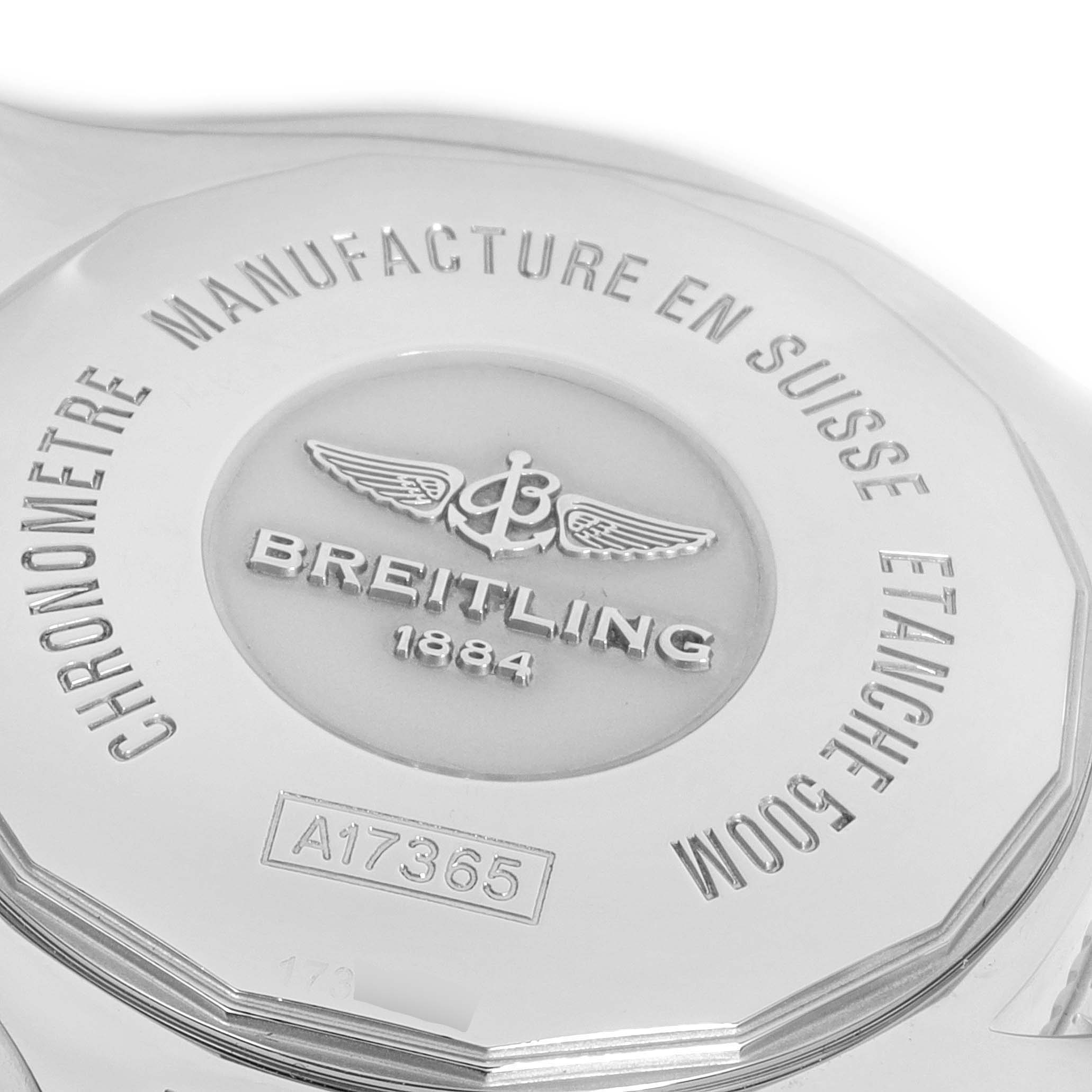 This image shows the case back of a Breitling Superocean A17365 Men
s Stainless Steel Black Dial A17365 Men
s Stainless Steel Black Dial model watch, highlighting the brand engraving and model number.