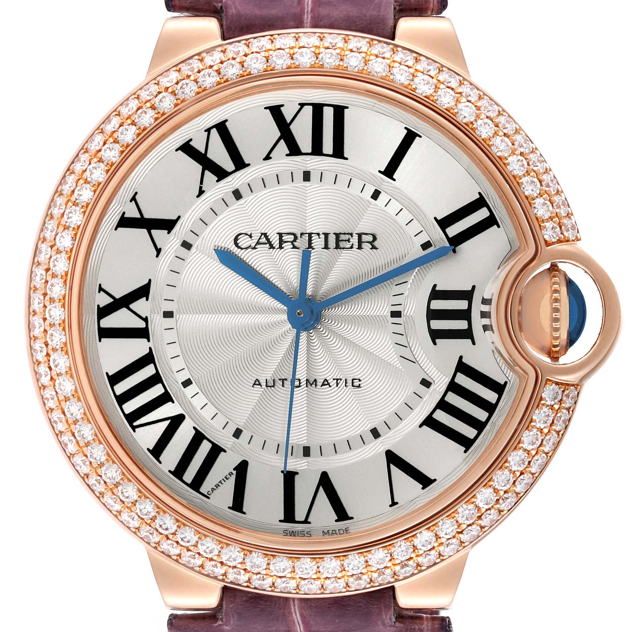 This Cartier Ballon Bleu WE900551 Women's Rose Gold Silver Dial watch is shown from the front, highlighting the dial, Roman numerals, hands, and diamond-set bezel.