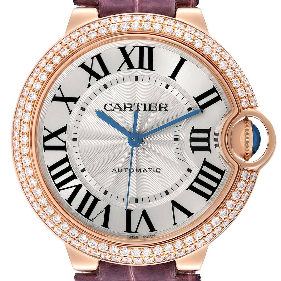 This Cartier Ballon Bleu WE900551 Women's Rose Gold Silver Dial watch is shown from the front, highlighting the dial, Roman numerals, hands, and diamond-set bezel.