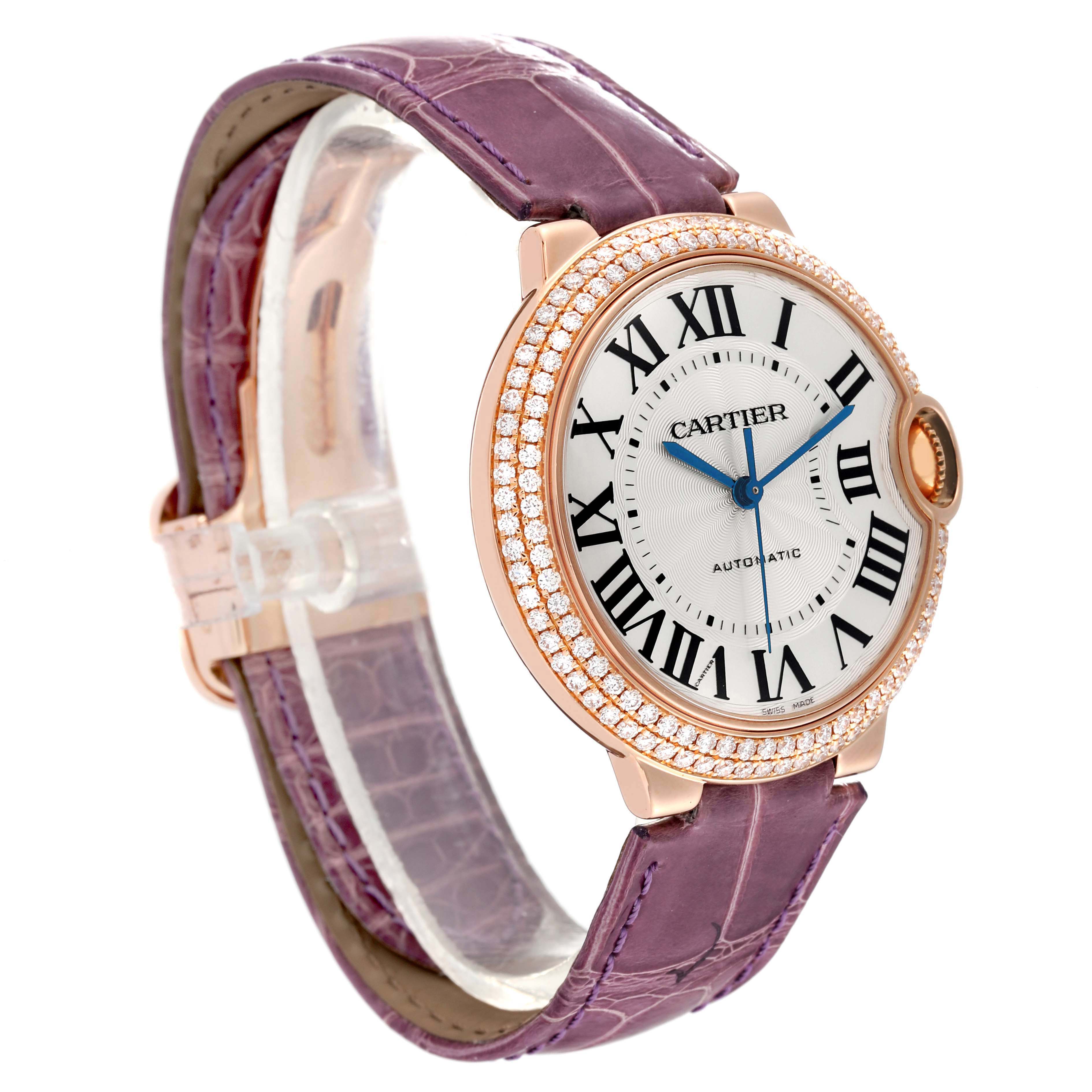 The Cartier Ballon Bleu WE900551 Women's Rose Gold Silver Dial watch is shown at an angle highlighting the dial, strap, and diamond-set bezel.