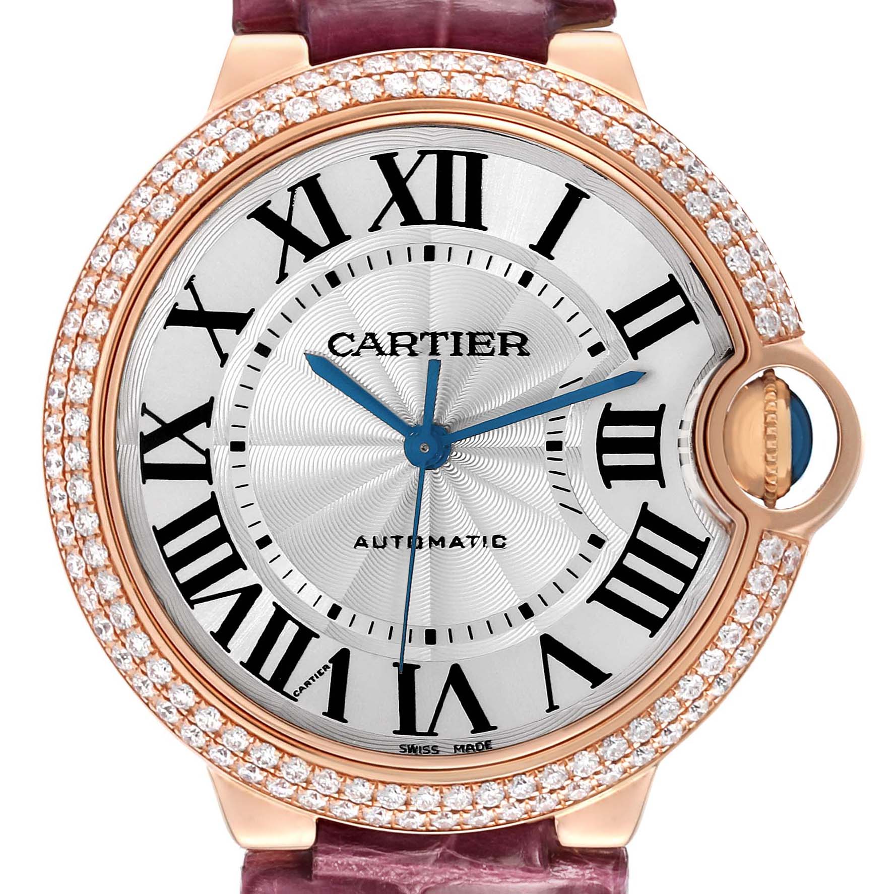 The Cartier Ballon Bleu WE900551 Men's Rose Gold Silver Dial watch is shown from the front, highlighting its round face, Roman numerals, diamond bezel, and blue hands.