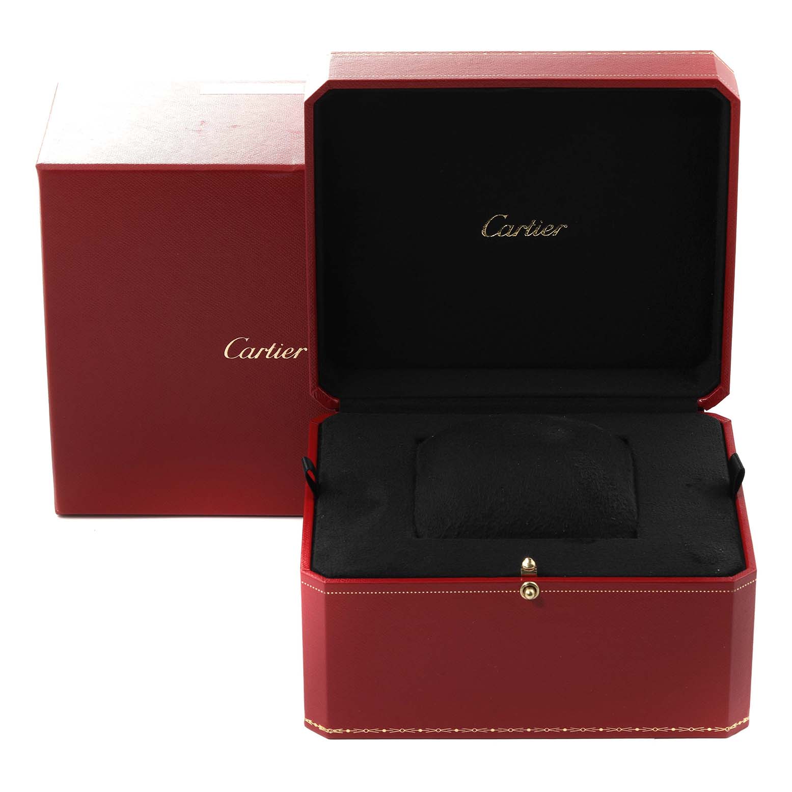 The image shows the Ballon Bleu de Cartier watch box and outer packaging at an angle with the box open.