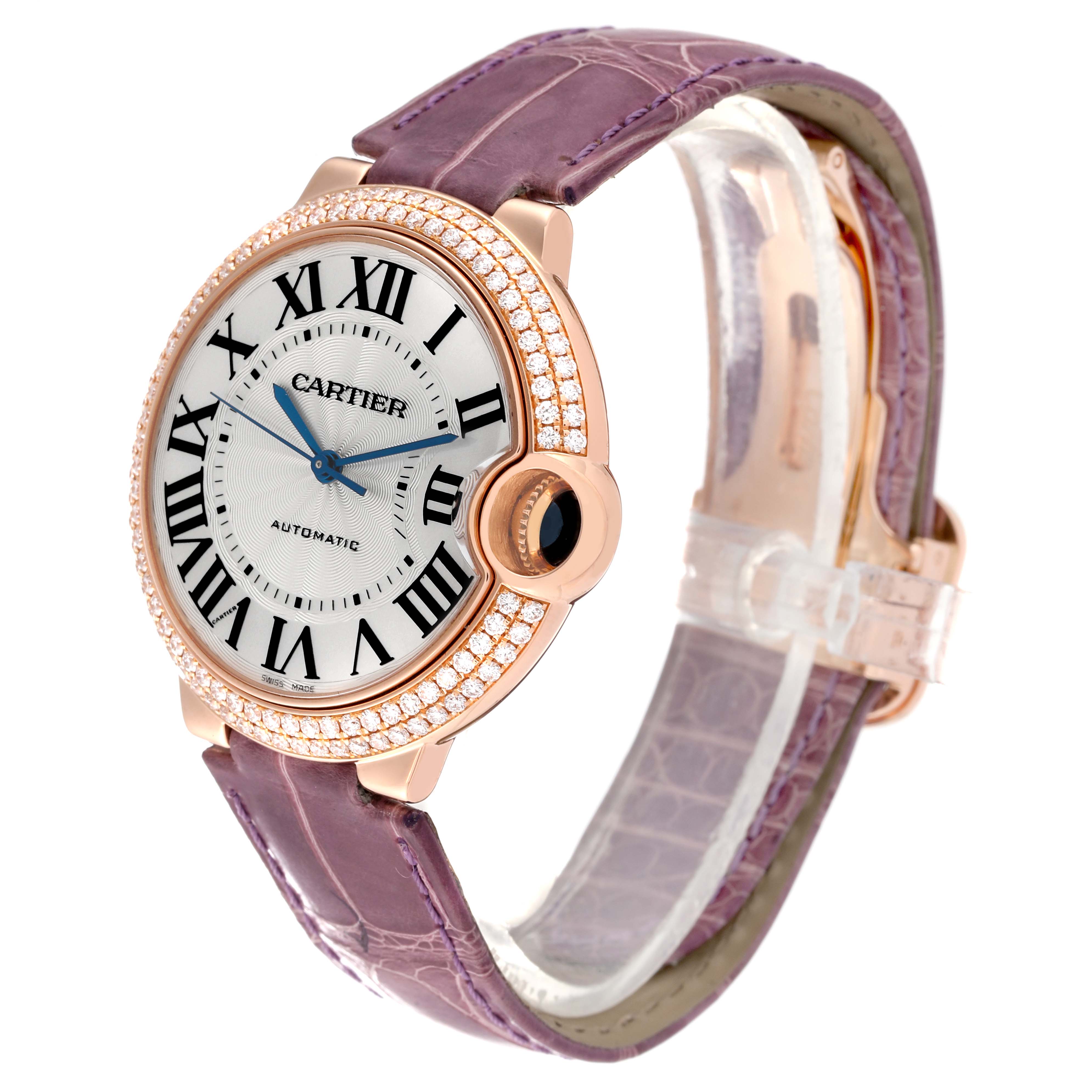 This image shows a side angle of the Cartier Ballon Bleu WE900551 Women's Rose Gold Silver Dial WE900551 Women's Rose Gold Silver Dial watch, highlighting its face, case, and strap.