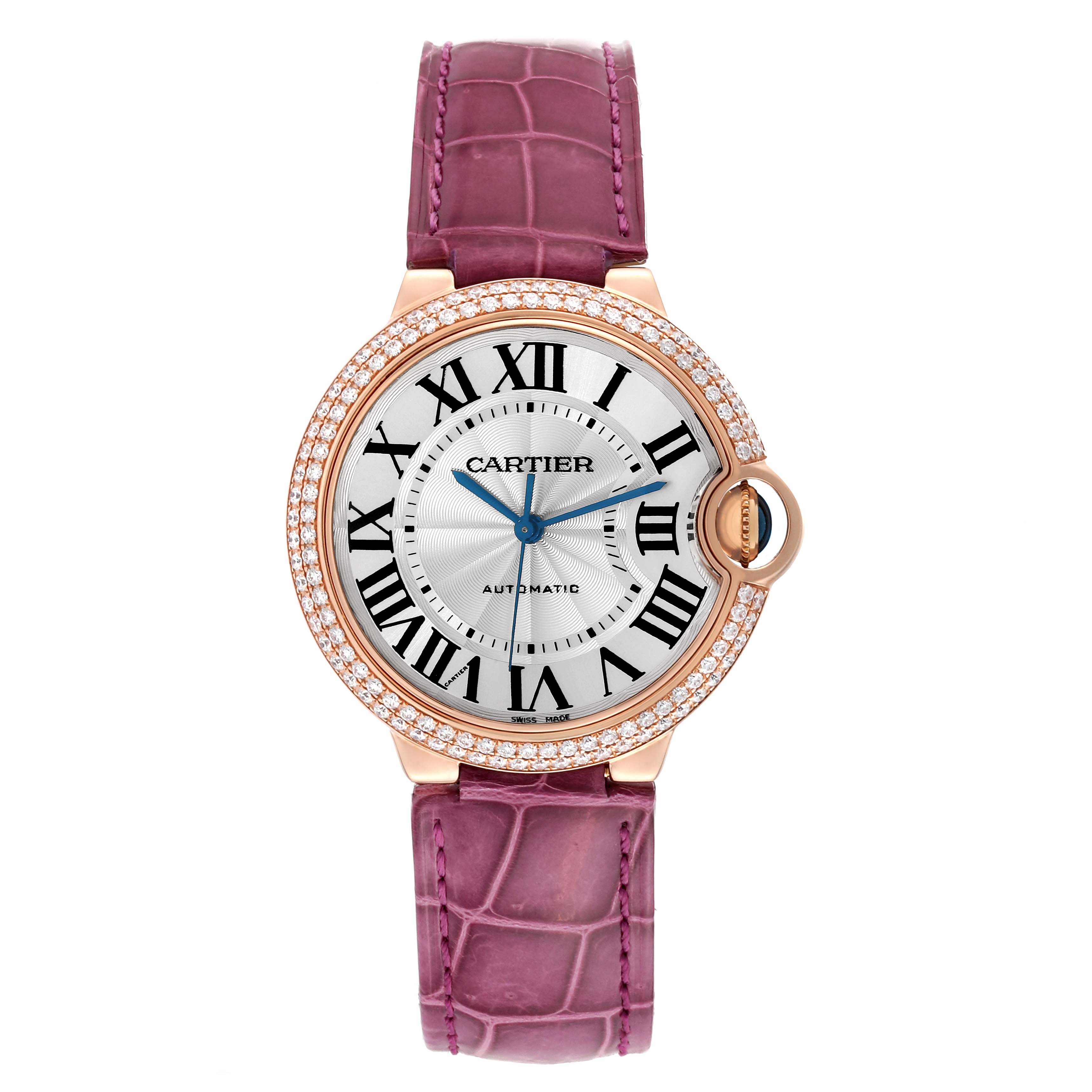 The image shows a Ballon Bleu model by Cartier from a straight-on angle, featuring its dial, bezel, and strap.