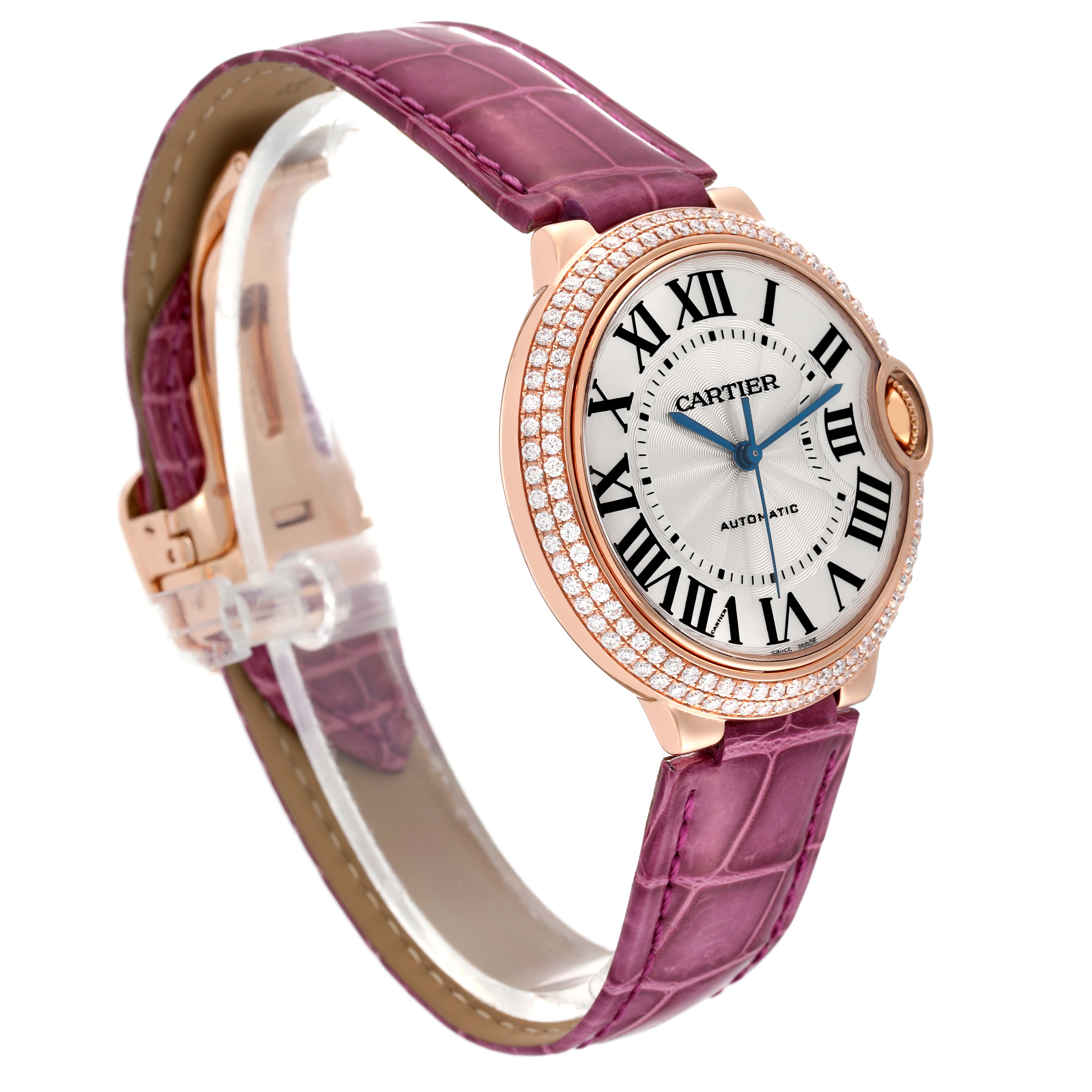 This image shows a Cartier Ballon Bleu WE900551 Women's Rose Gold Silver Dial WE900551 Women's Rose Gold Silver Dial watch at an angled side view, displaying the face, bezel, and strap.