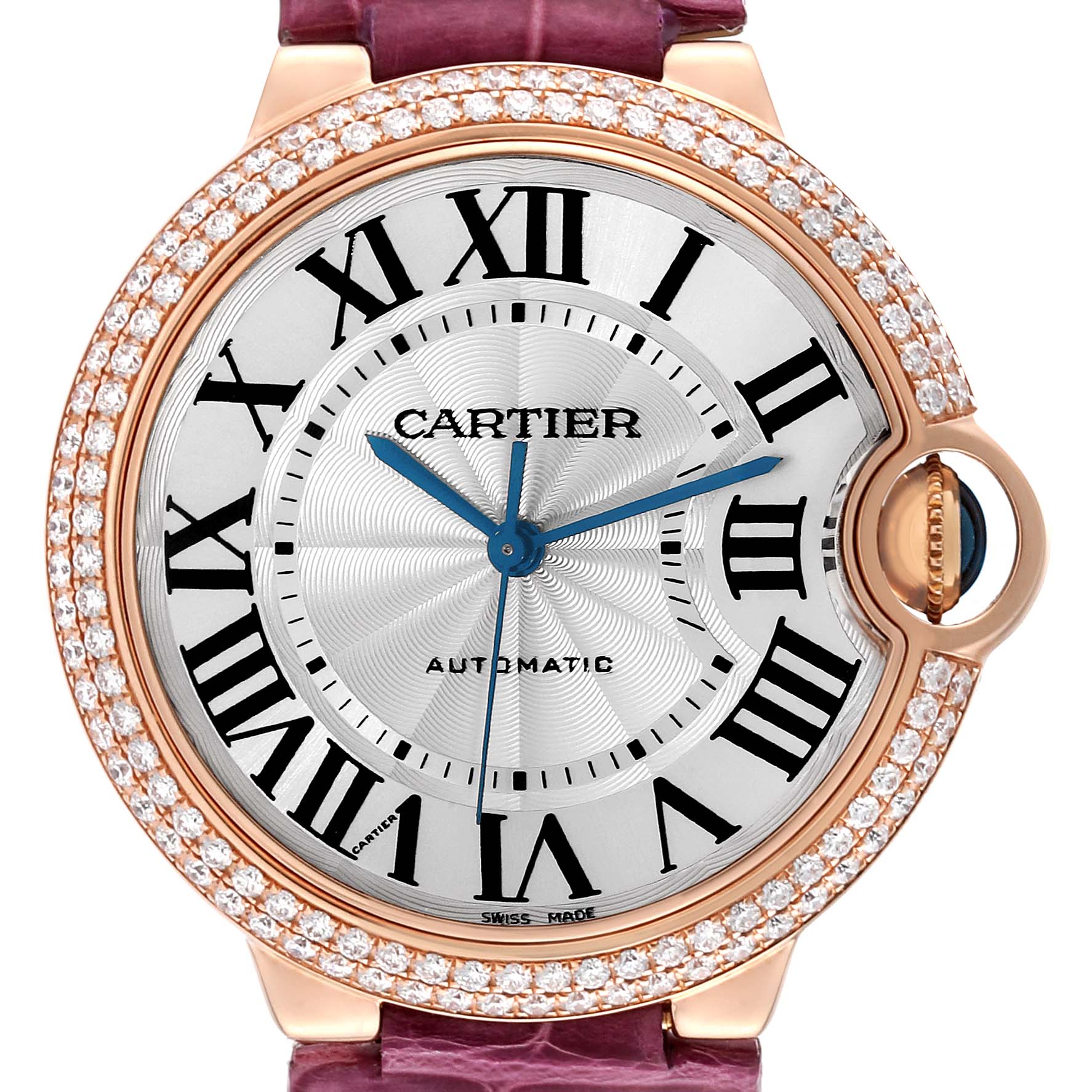 This image shows a close-up, front view of a Cartier Ballon Bleu WE900551 Women's Rose Gold Silver Dial WE900551 Women's Rose Gold Silver Dial watch, featuring the bezel, dial, Roman numerals, and hands.
