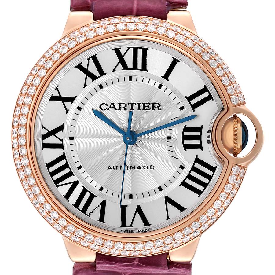 This image shows a close-up, front view of a Cartier Ballon Bleu watch, featuring the bezel, dial, Roman numerals, and hands.