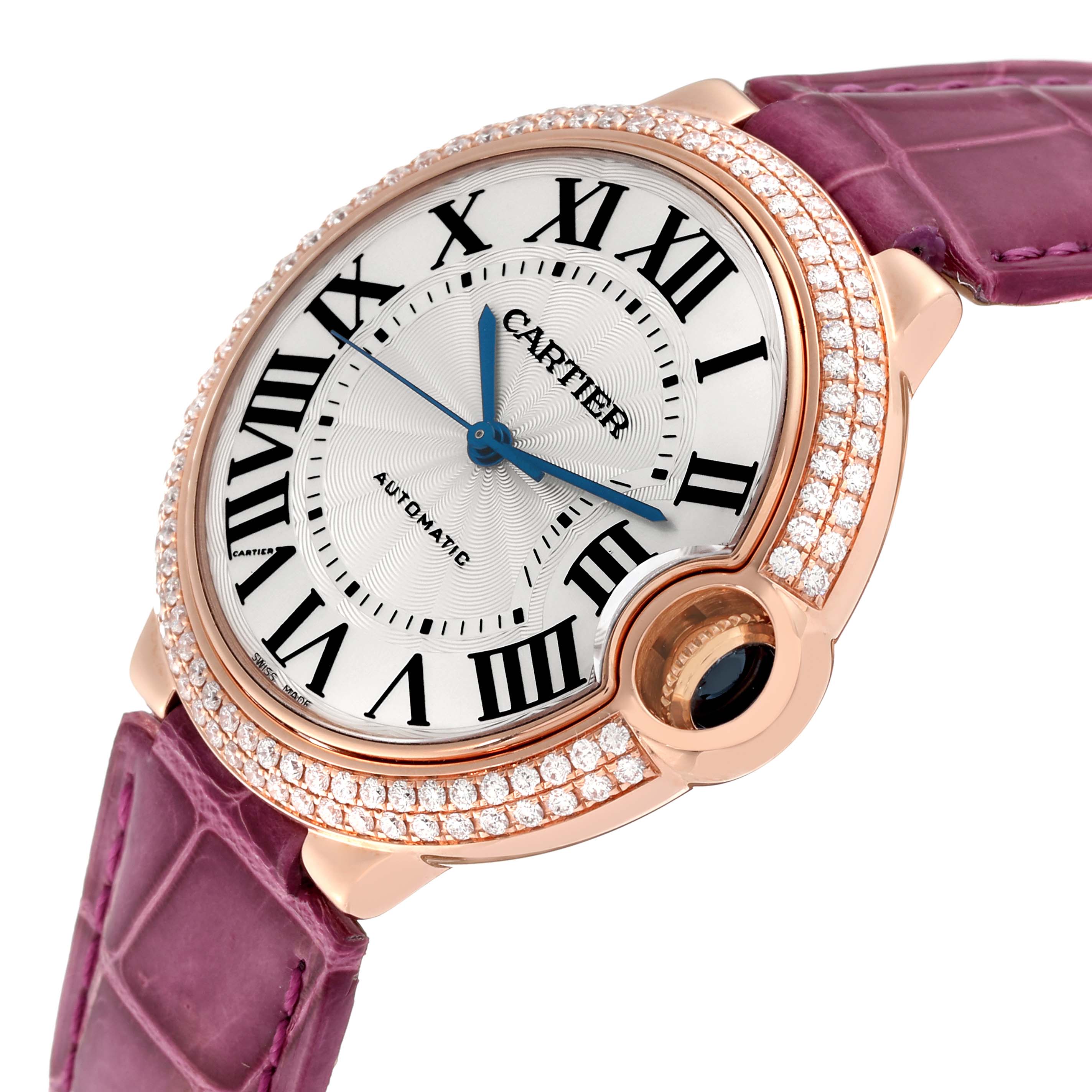 The image shows a Cartier Ballon Bleu WE900551 Women's Rose Gold Silver Dial WE900551 Women's Rose Gold Silver Dial model watch from an angle capturing the dial, bezel with diamonds, and part of the strap.