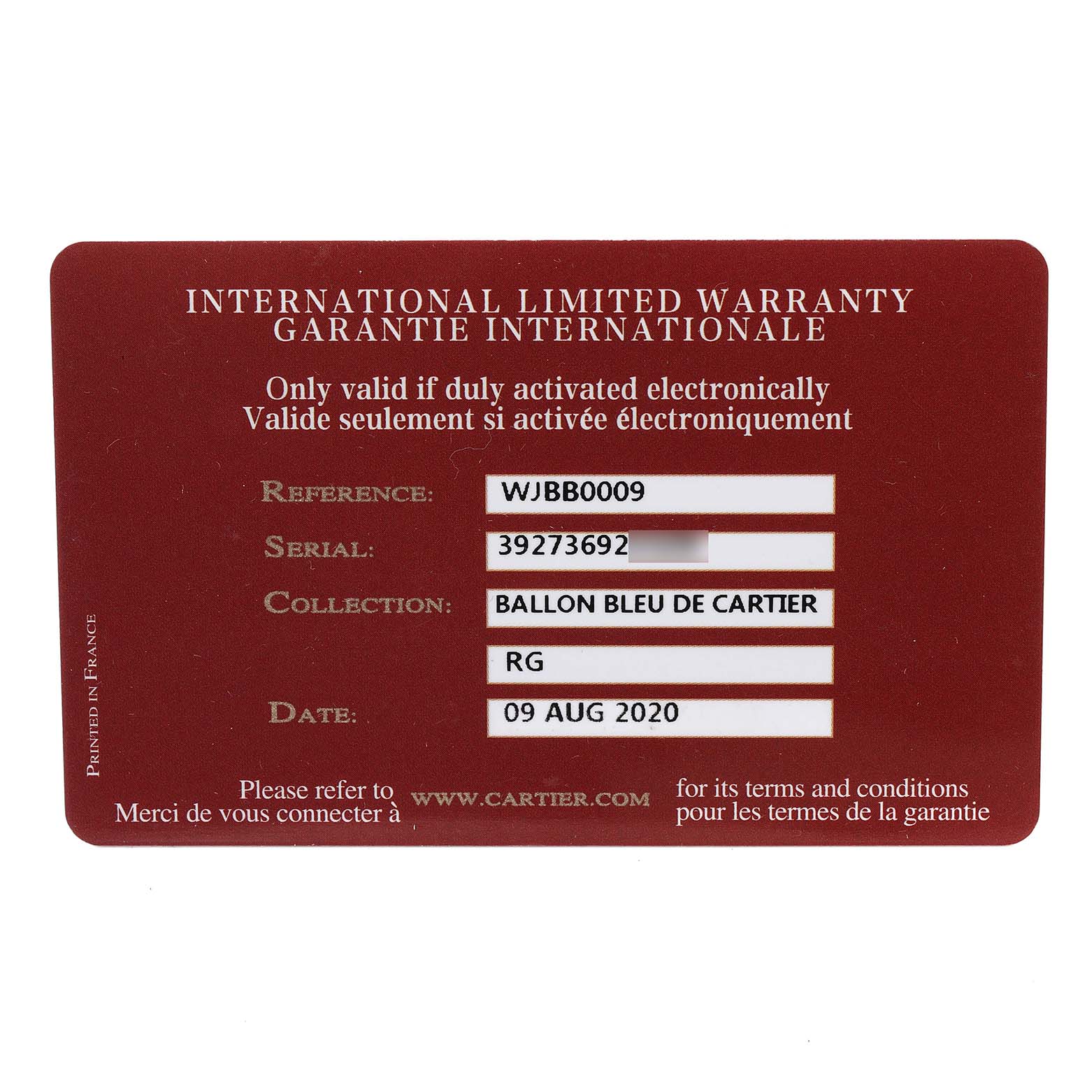 This image shows an International Limited Warranty card for the Ballon Bleu de Cartier watch, including reference, serial number, and purchase date.