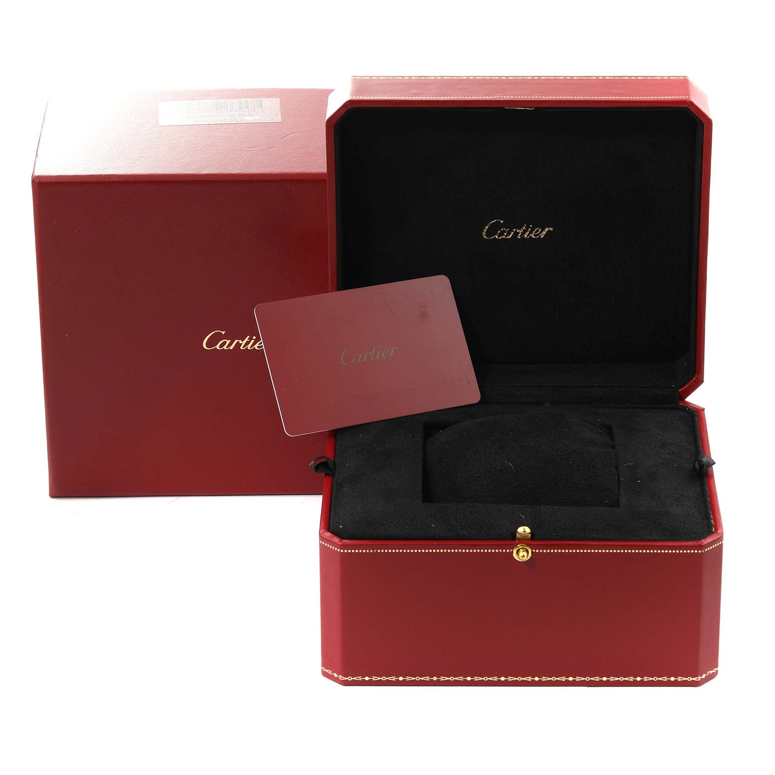 This image shows the box, case, and card for the Cartier Ballon Bleu WE900551 Women's Rose Gold Silver Dial WE900551 Women's Rose Gold Silver Dial model watch from a front angle.