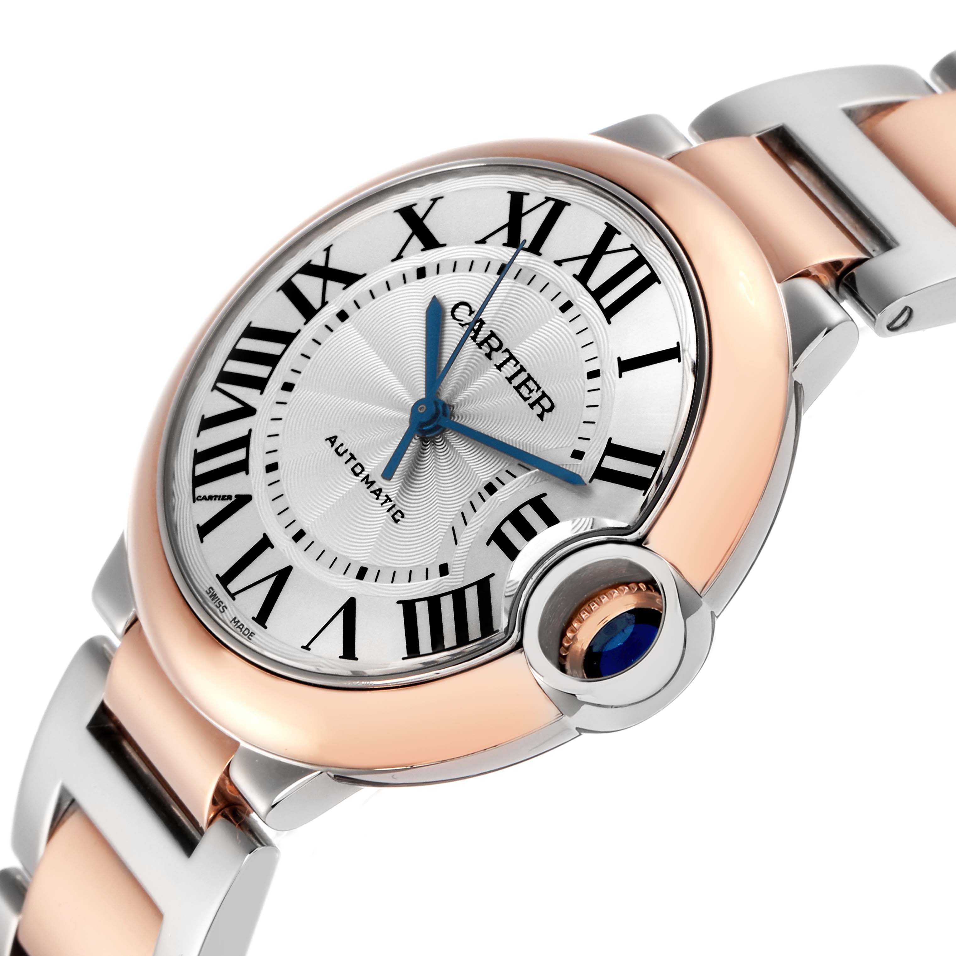 The Cartier Ballon Bleu W2BB0003 Men
s Steel and Gold (two tone) Silver Dial W2BB0003 Men
s Steel and Gold (two tone) Silver Dial watch is shown at an angle highlighting the face, blue hands, Roman numerals, and elegant mixed-metal bracelet.