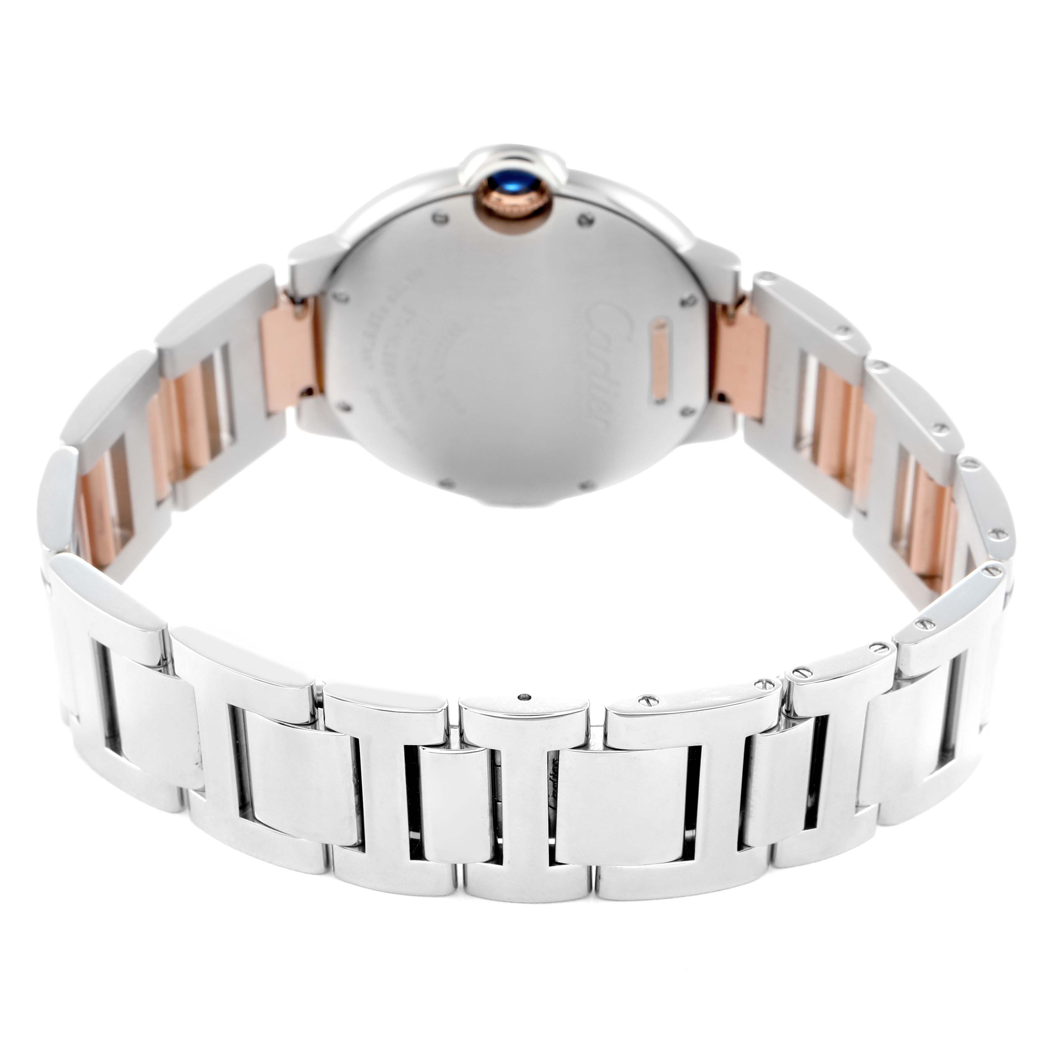The image shows the back of the Cartier Ballon Bleu W2BB0003 Men
s Steel and Gold (two tone) Silver Dial W2BB0003 Men
s Steel and Gold (two tone) Silver Dial watch, highlighting its metal bracelet and caseback with a side view of the crown.