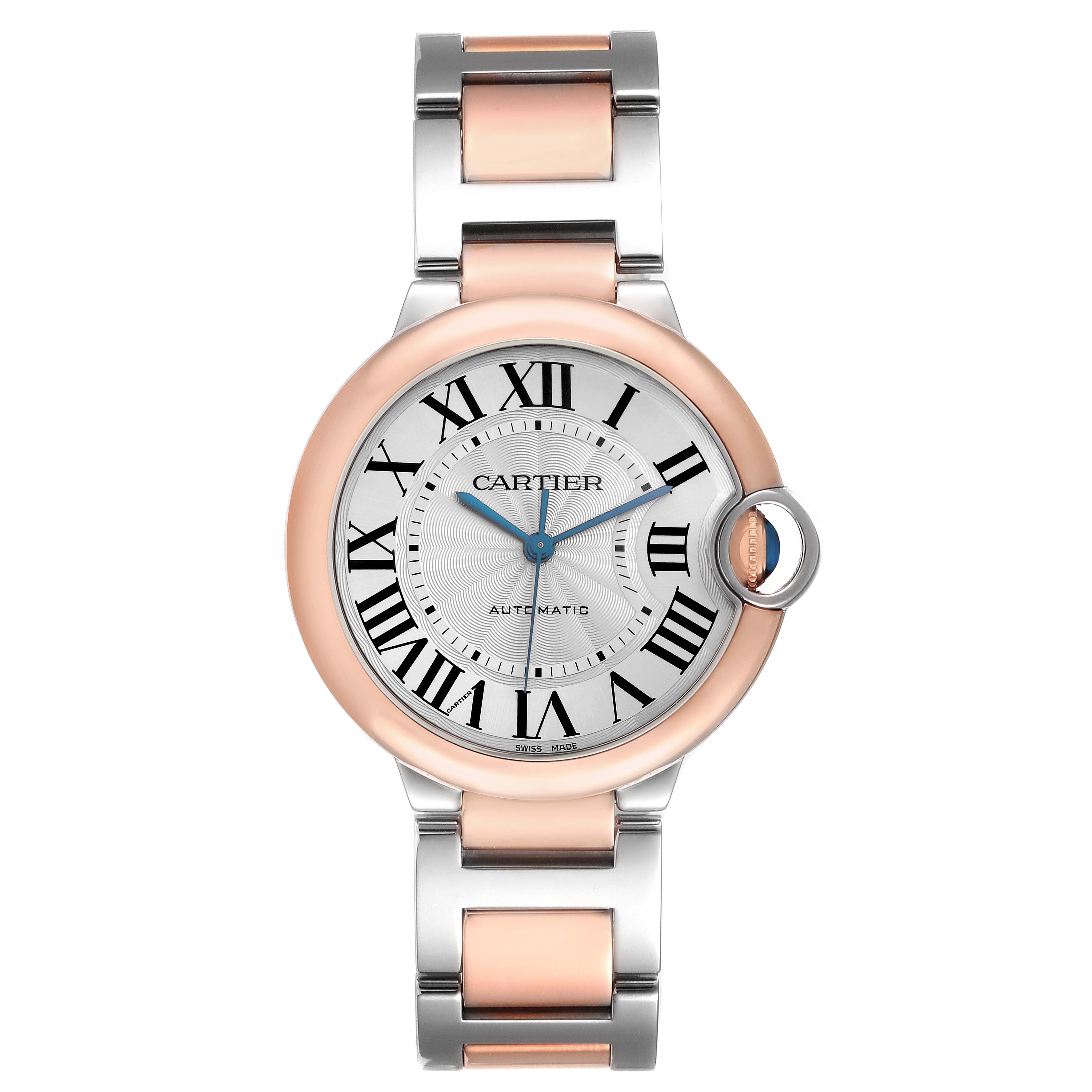 The Cartier Ballon Bleu W2BB0003 Men
s Steel and Gold (two tone) Silver Dial W2BB0003 Men
s Steel and Gold (two tone) Silver Dial watch is shown from a top view, highlighting its face, crown, and bi-tone bracelet.