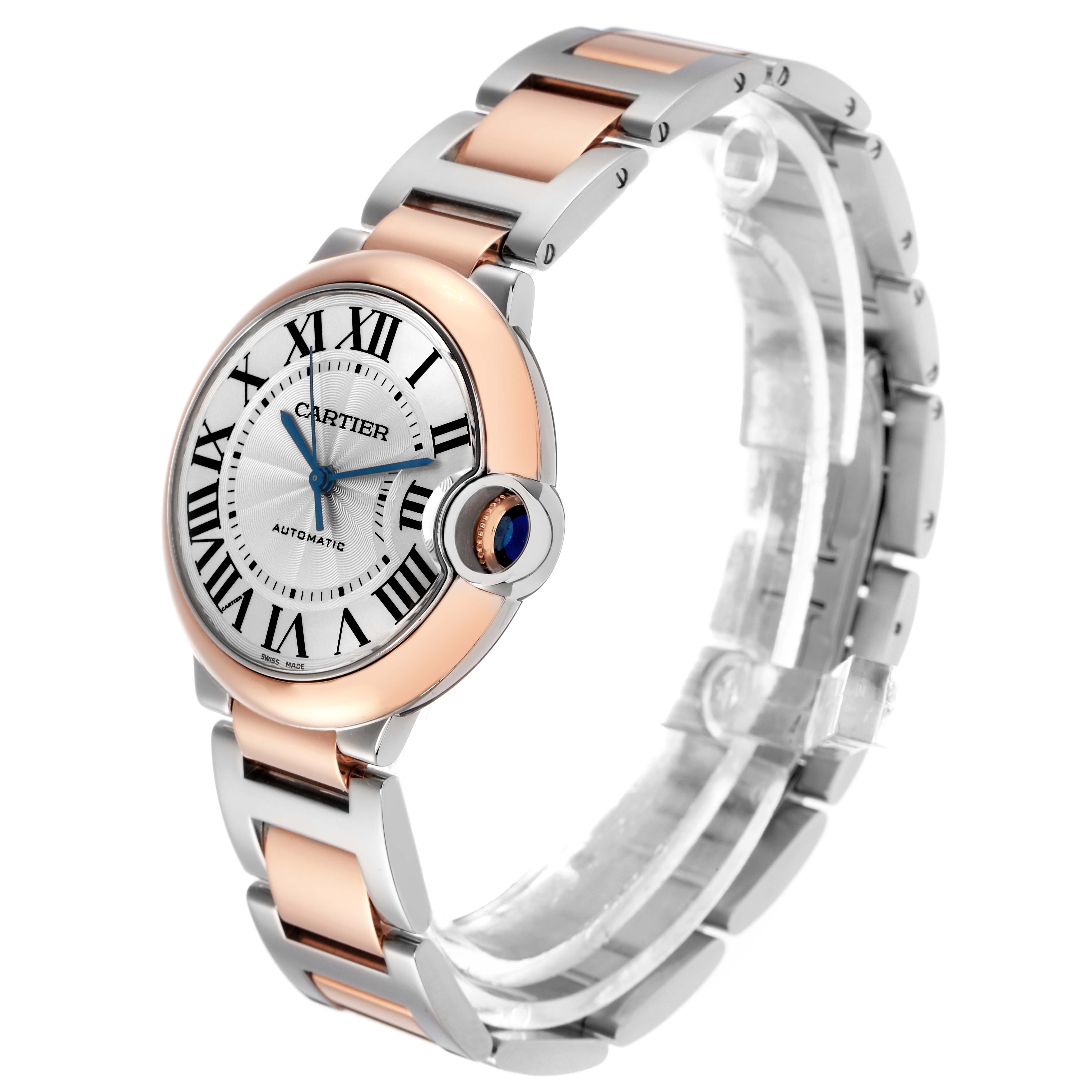 The Cartier Ballon Bleu W2BB0003 Men
s Steel and Gold (two tone) Silver Dial W2BB0003 Men
s Steel and Gold (two tone) Silver Dial watch is shown at a three-quarter angle, highlighting the bezel, dial, and bracelet.
