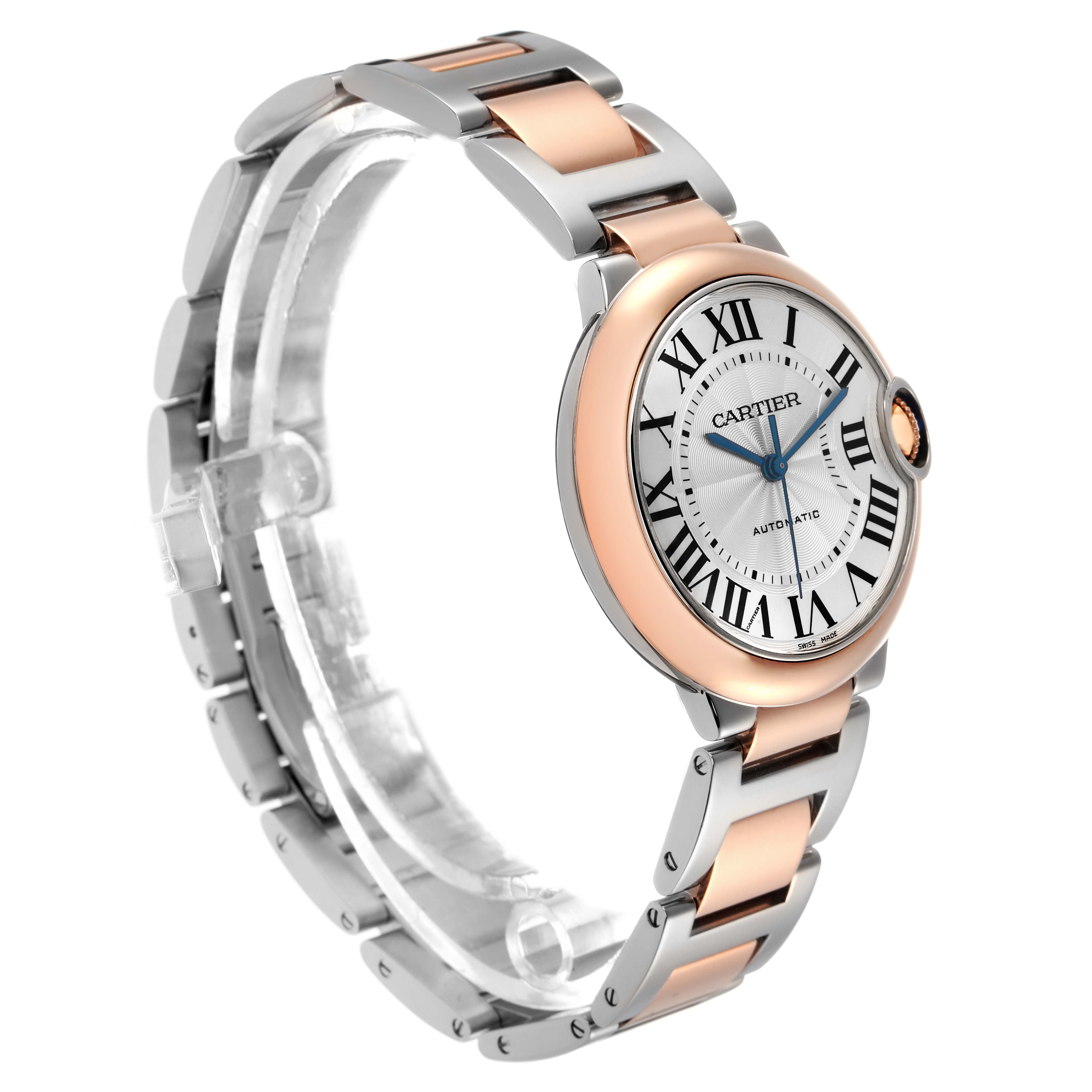 The Cartier Ballon Bleu W2BB0003 Men
s Steel and Gold (two tone) Silver Dial W2BB0003 Men
s Steel and Gold (two tone) Silver Dial watch is shown at a three-quarter angle, highlighting its face, Roman numerals, and two-tone bracelet.