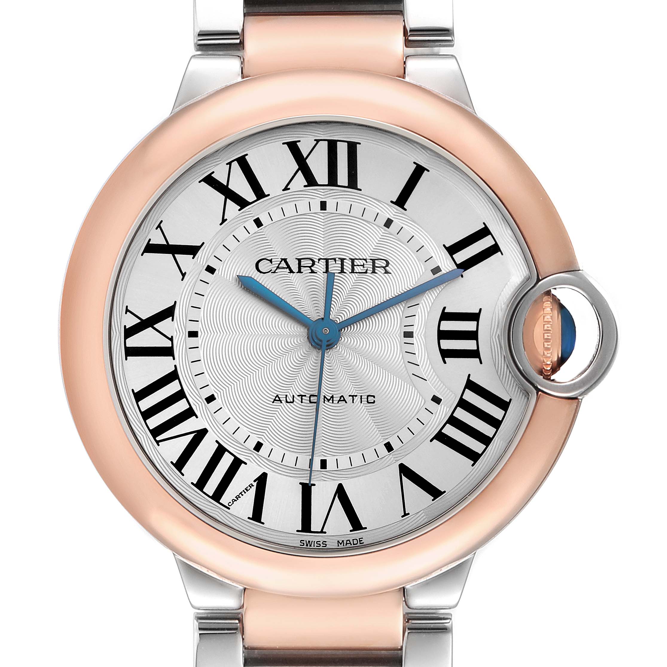 The image shows a Cartier Ballon Bleu W2BB0003 Men
s Steel and Gold (two tone) Silver Dial W2BB0003 Men
s Steel and Gold (two tone) Silver Dial watch front view, highlighting the face, Roman numerals, and the crown with its distinctive blue cabochon.
