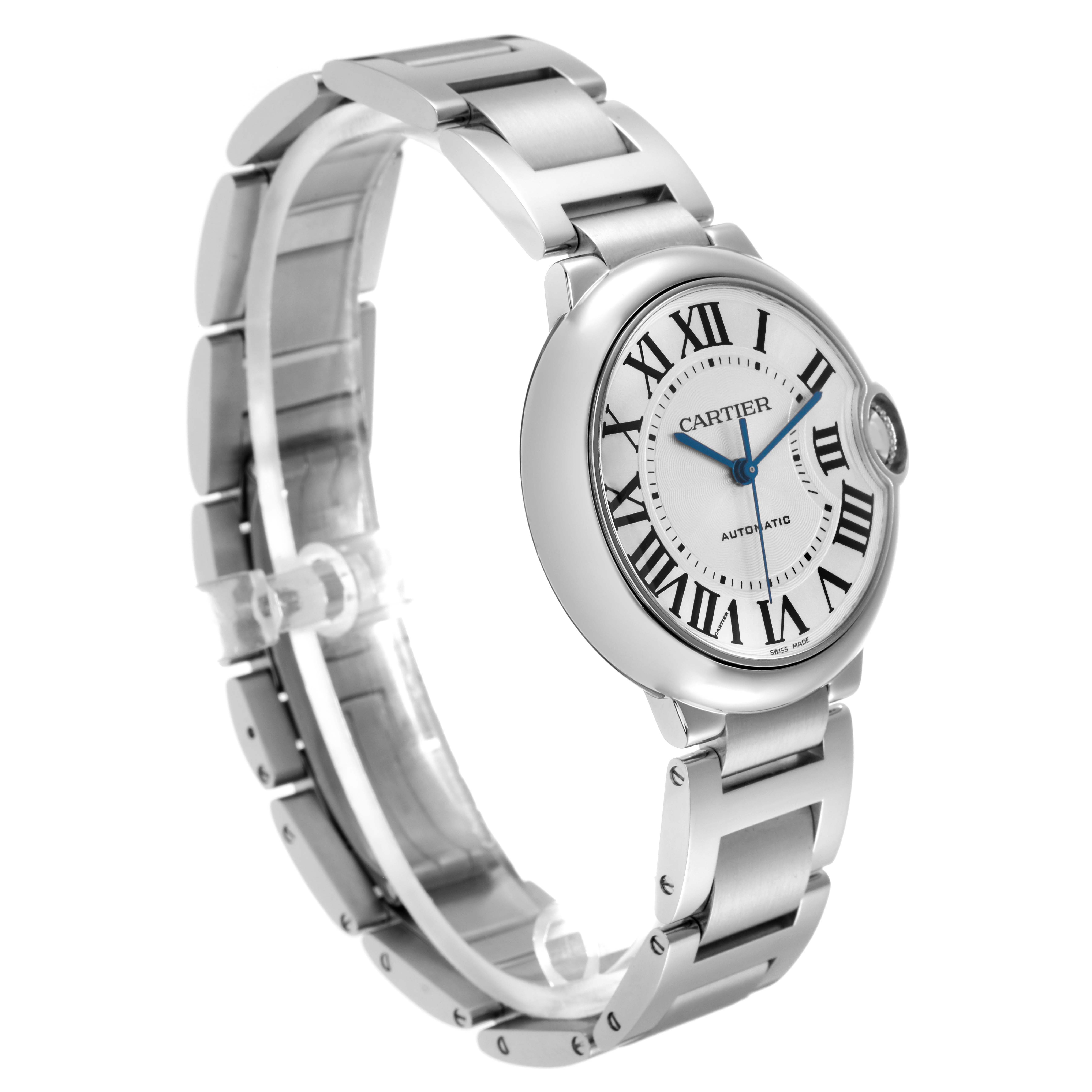 The Cartier Ballon Bleu W69017Z4 Men
s Stainless Steel Silver Dial W69017Z4 Men
s Stainless Steel Silver Dial watch is shown at a three-quarter angle displaying the face, bezel, crown, and bracelet links.
