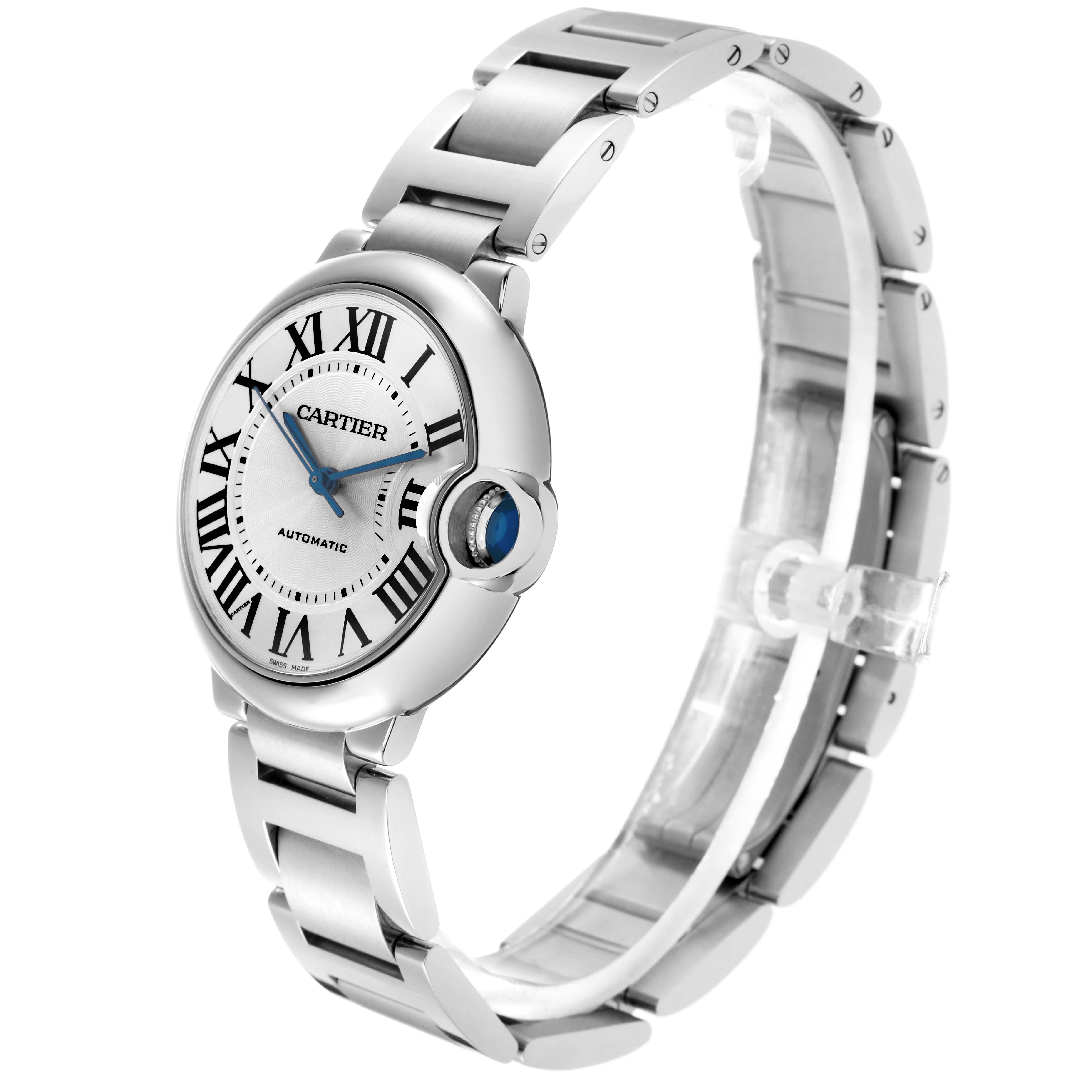 The Cartier Ballon Bleu W69017Z4 Men
s Stainless Steel Silver Dial W69017Z4 Men
s Stainless Steel Silver Dial watch is shown at a 3/4 angle, highlighting the face, bracelet, and blue cabochon crown.