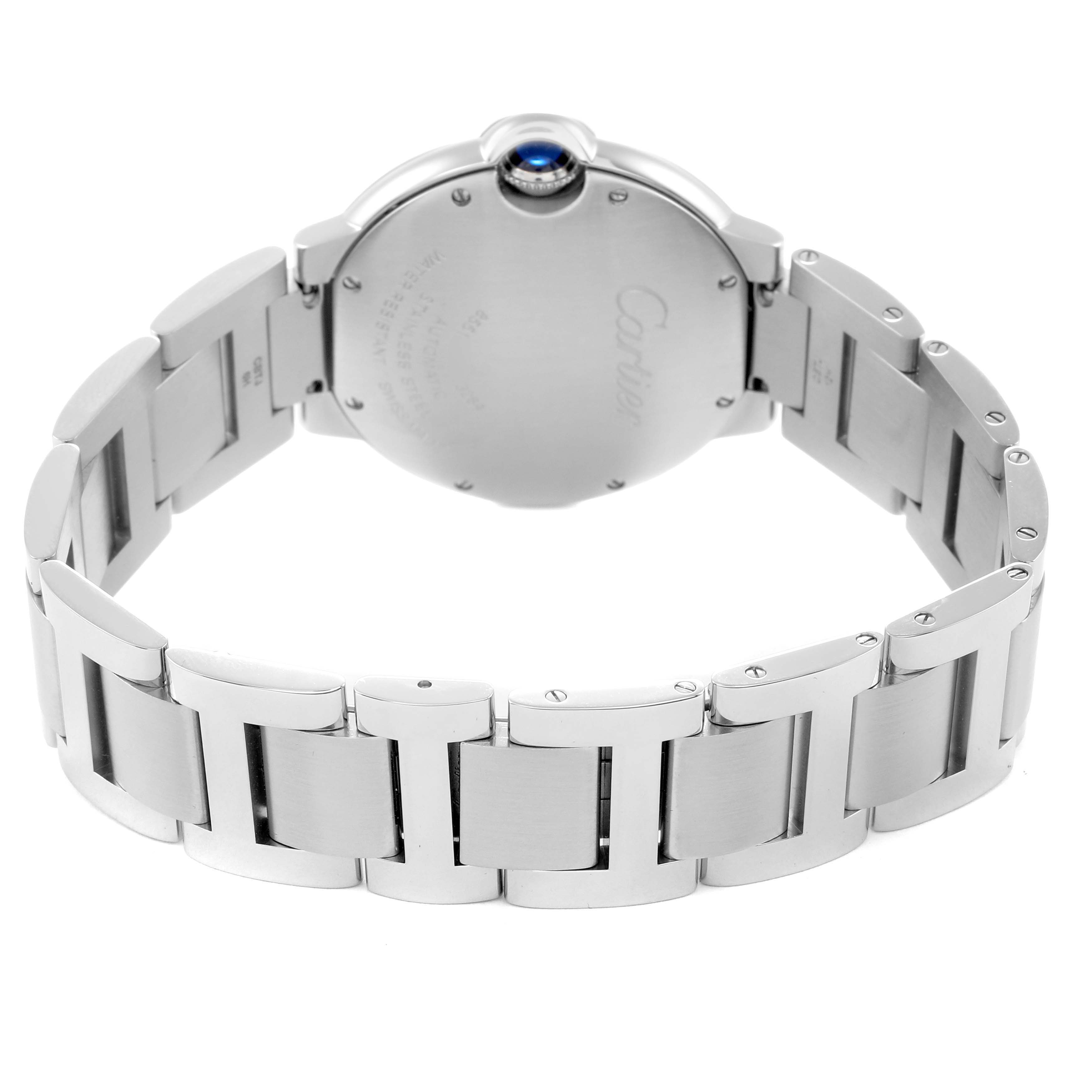 The image features the back view of a Ballon Bleu by Cartier, highlighting the bracelet and case back.