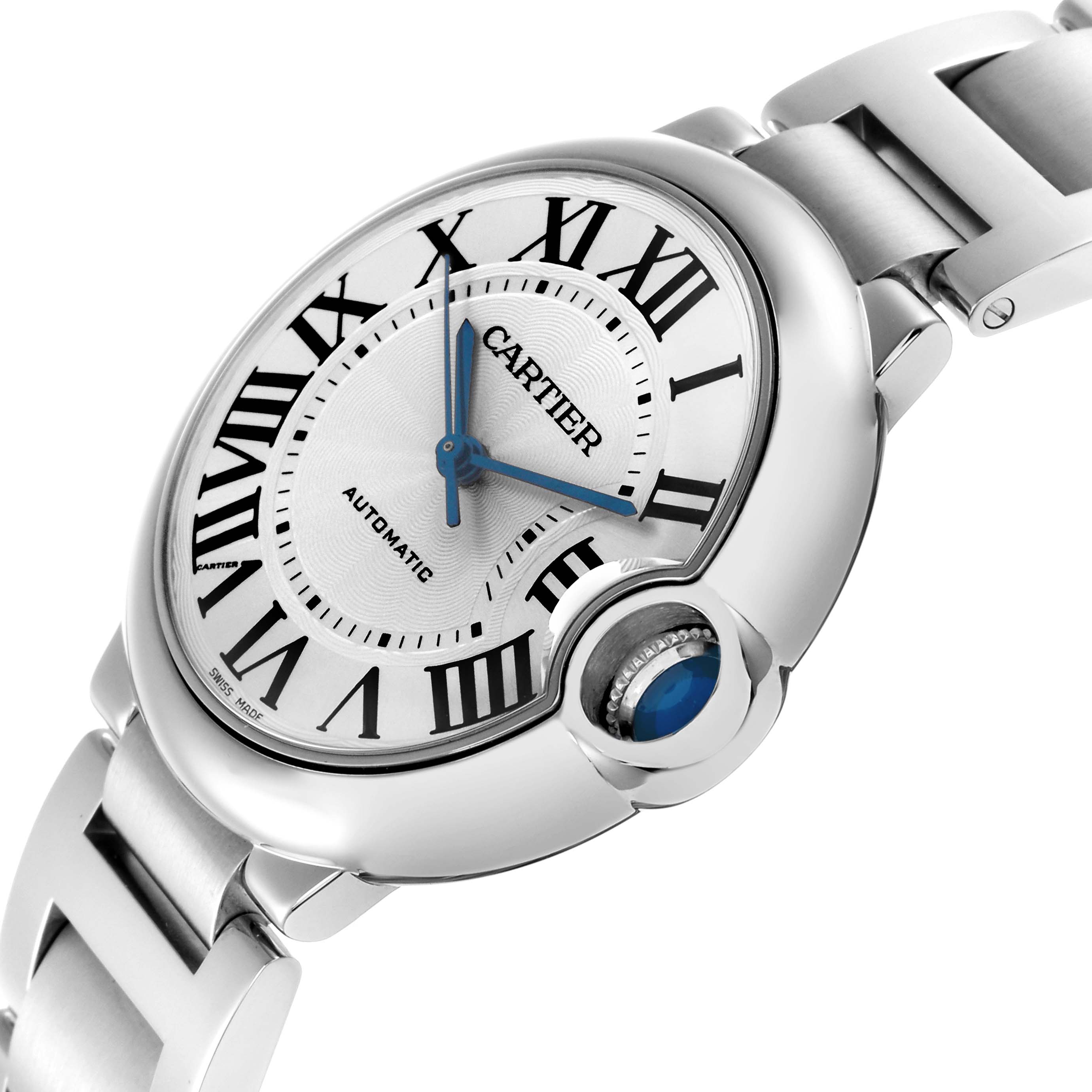 The Cartier Ballon Bleu W69017Z4 Men
s Stainless Steel Silver Dial W69017Z4 Men
s Stainless Steel Silver Dial watch is shown at an angle, highlighting the dial, crown with blue cabochon, and part of the bracelet.