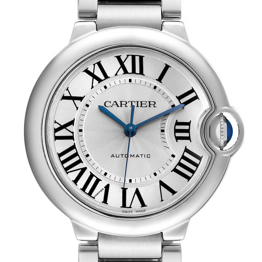 The Cartier Ballon Bleu watch is shown from a front angle, highlighting the face, Roman numerals, and signature crown with a blue cabochon.